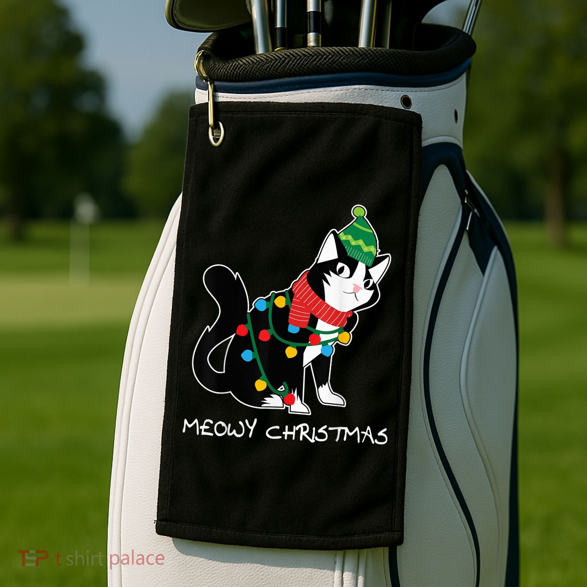 Santa Hat Cat Meowy X-Mas Light Up Funny Christmas Gift Golf Towel