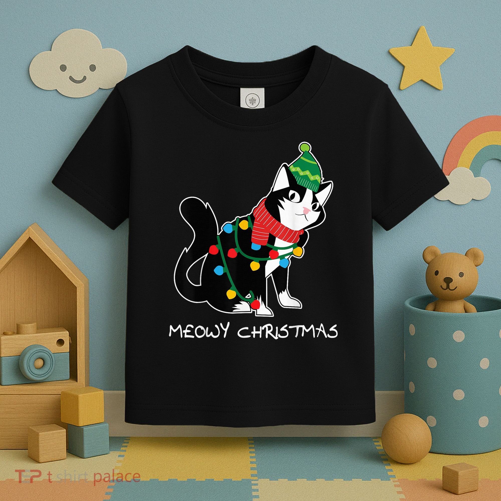 Santa Hat Cat Meowy X-Mas Light Up Funny Christmas Gift Toddler T-Shirt