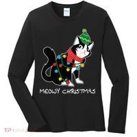 Santa Hat Cat Meowy X-Mas Light Up Funny Christmas Gift Women's Long Sleeve Shirt thumb 0