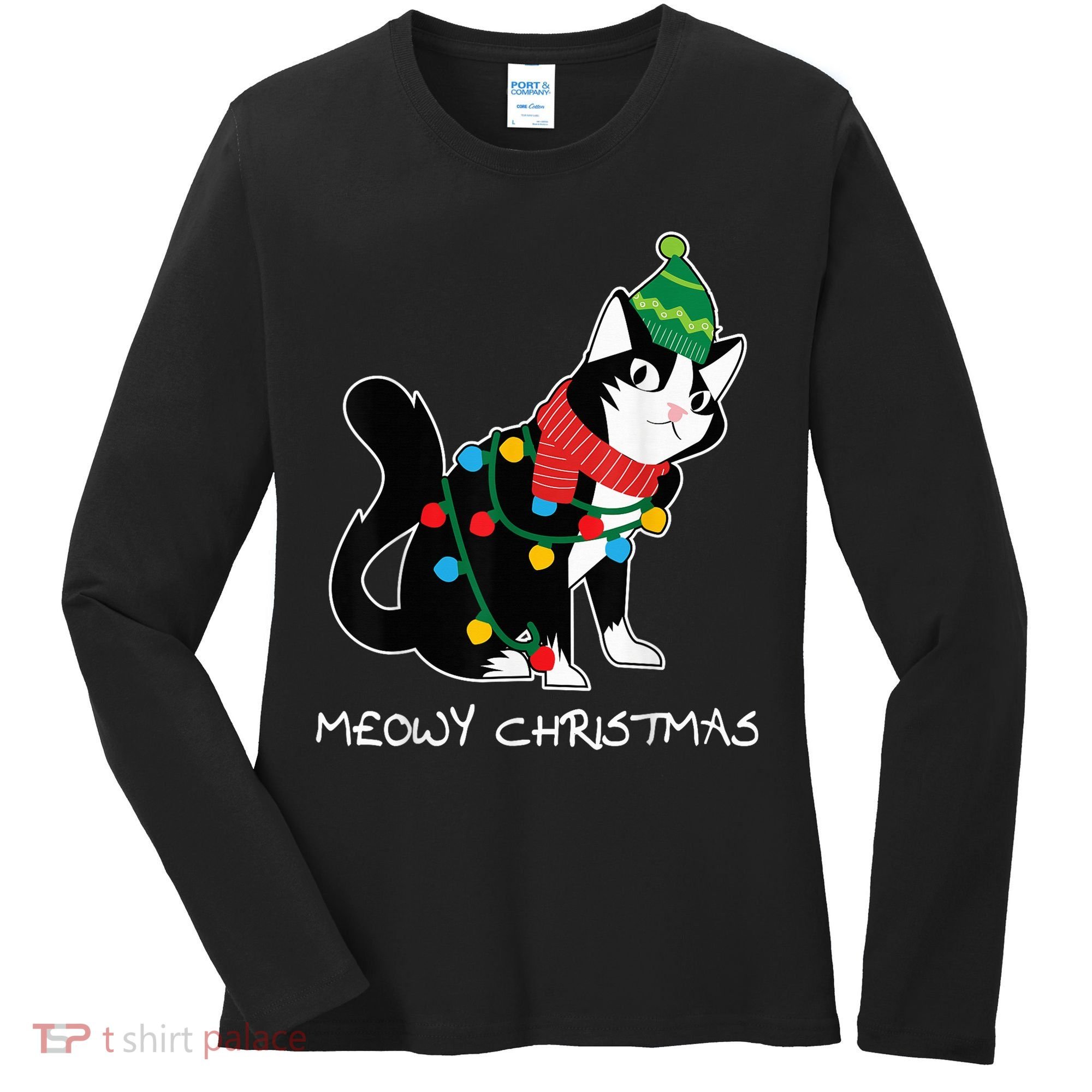 Santa Hat Cat Meowy X-Mas Light Up Funny Christmas Gift Women's Long Sleeve Shirt