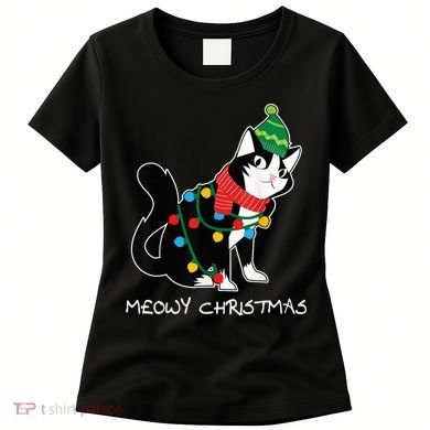 Santa Hat Cat Meowy X-Mas Light Up Funny Christmas Gift Women's T-Shirt