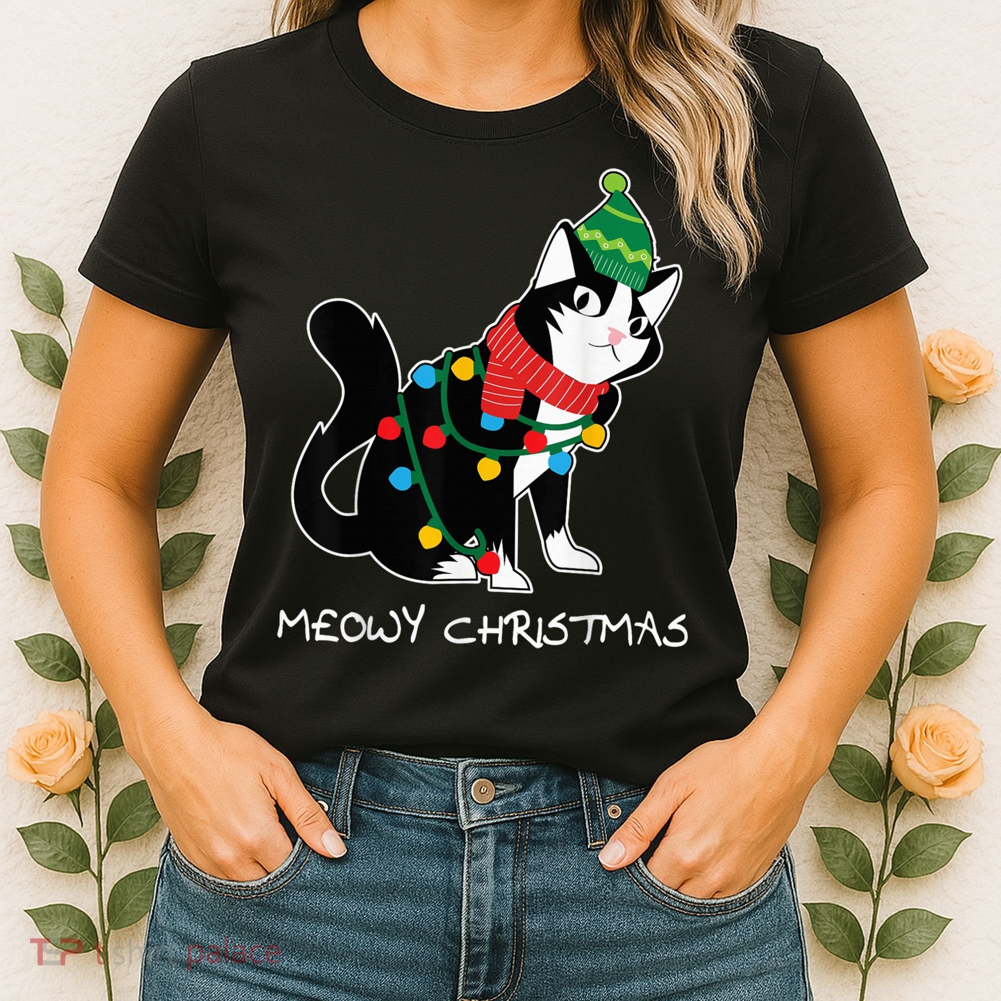 Santa Hat Cat Meowy X-Mas Light Up Funny Christmas Gift Women's T-Shirt
