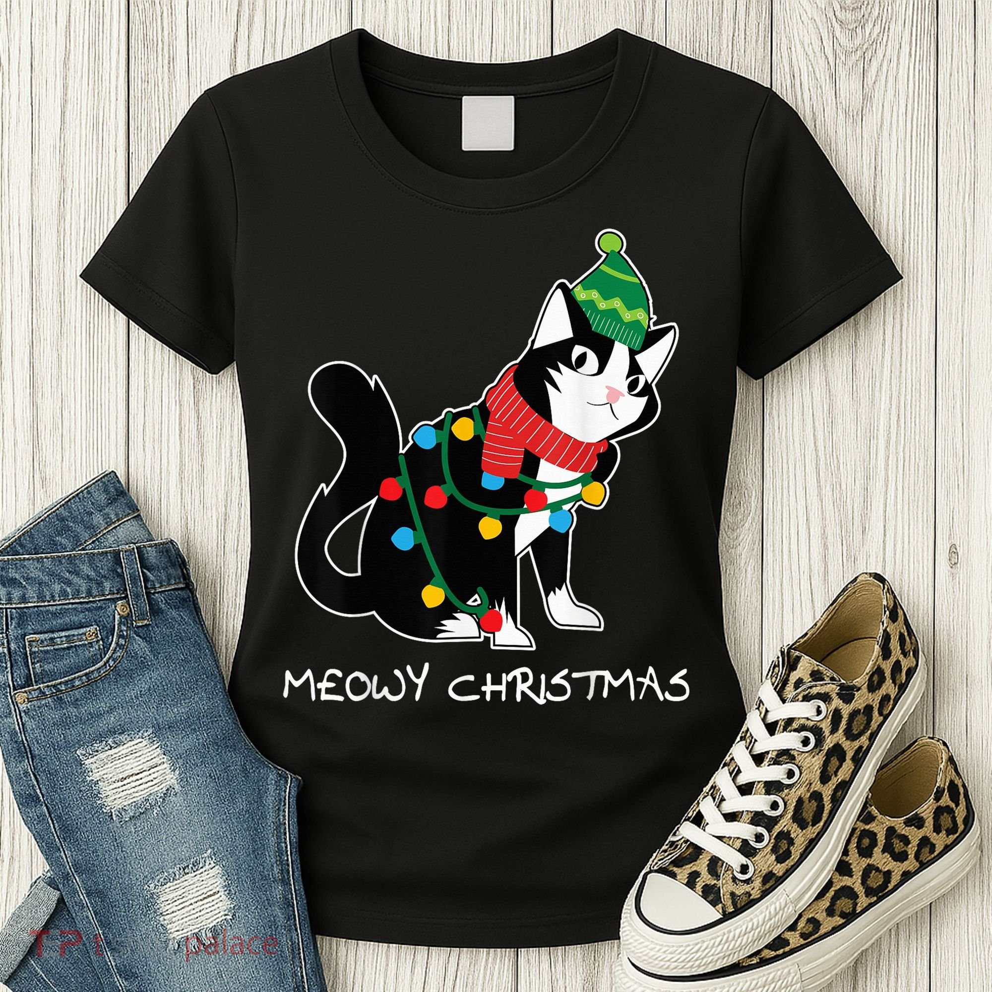 Santa Hat Cat Meowy X-Mas Light Up Funny Christmas Gift Women's T-Shirt