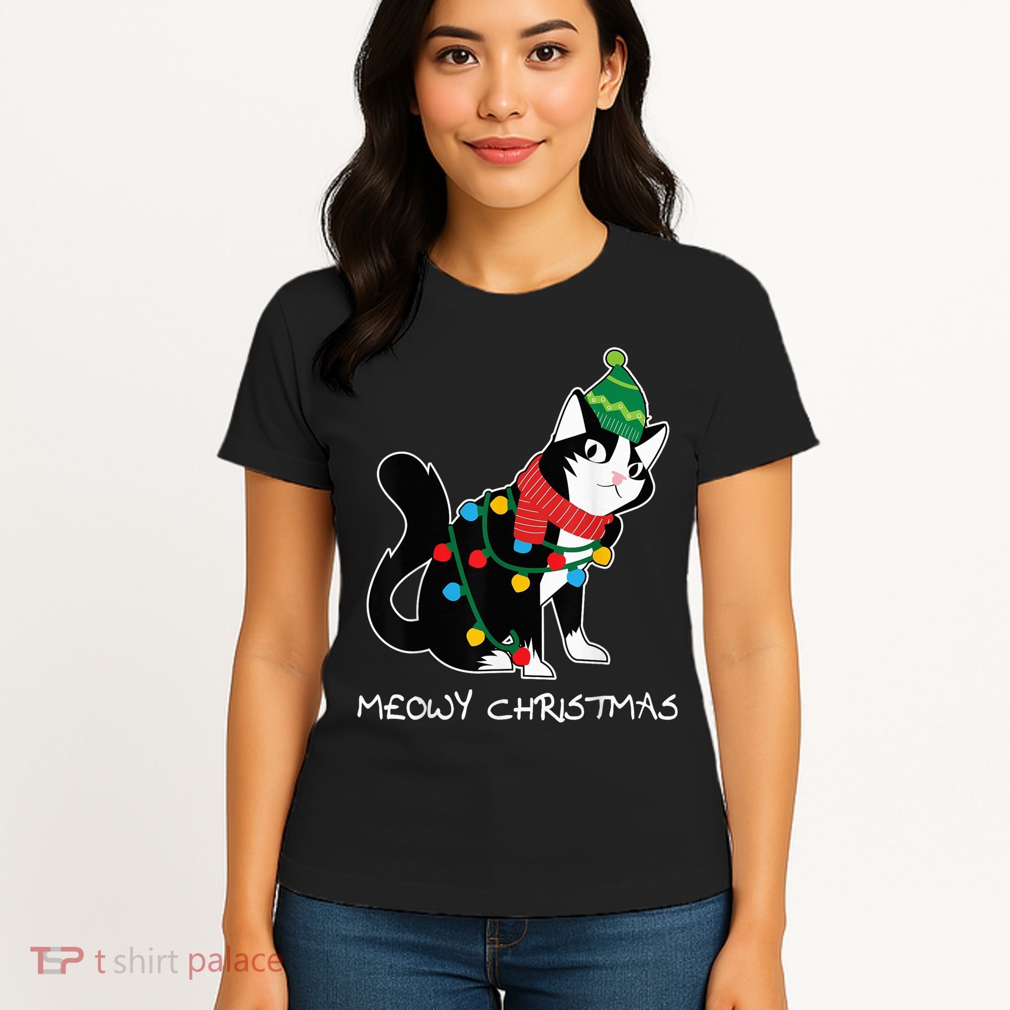 Santa Hat Cat Meowy X-Mas Light Up Funny Christmas Gift Women's T-Shirt