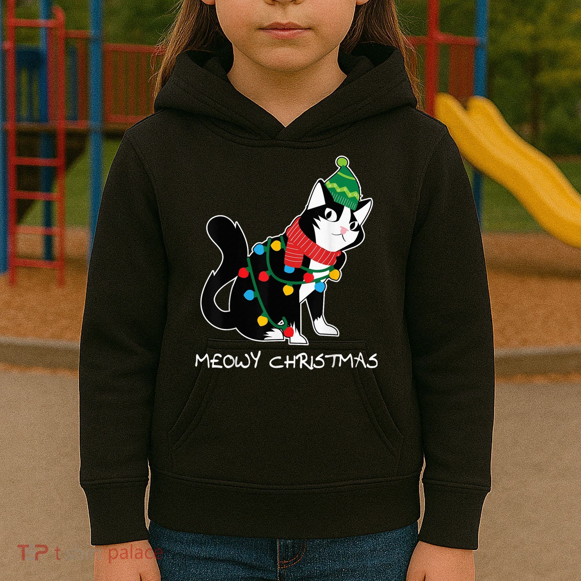 Santa Hat Cat Meowy X-Mas Light Up Funny Christmas Gift Kids Hoodie