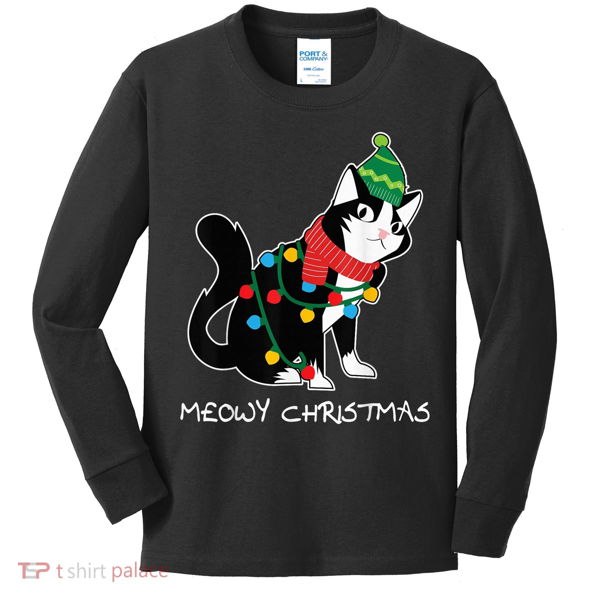 Santa Hat Cat Meowy X-Mas Light Up Funny Christmas Gift Kids Long Sleeve Shirt
