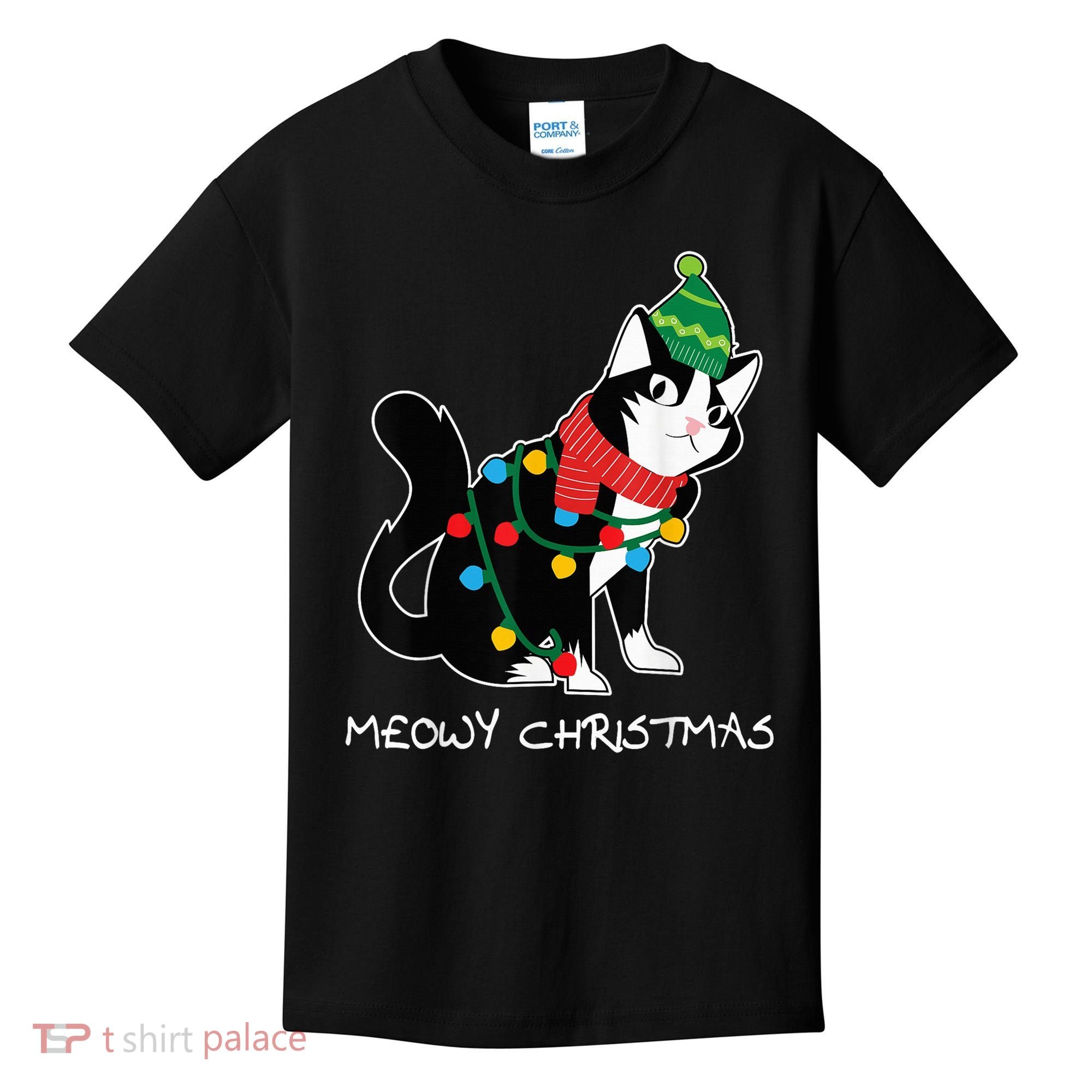 Santa Hat Cat Meowy X-Mas Light Up Funny Christmas Gift Kids T-Shirt