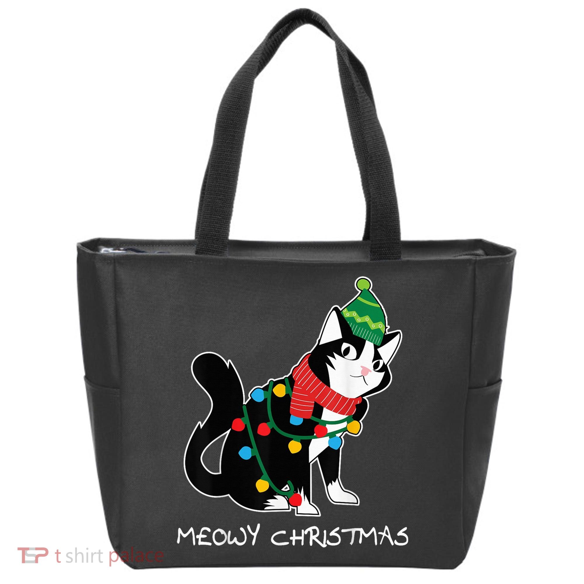 Santa Hat Cat Meowy X-Mas Light Up Funny Christmas Gift Tote Bag