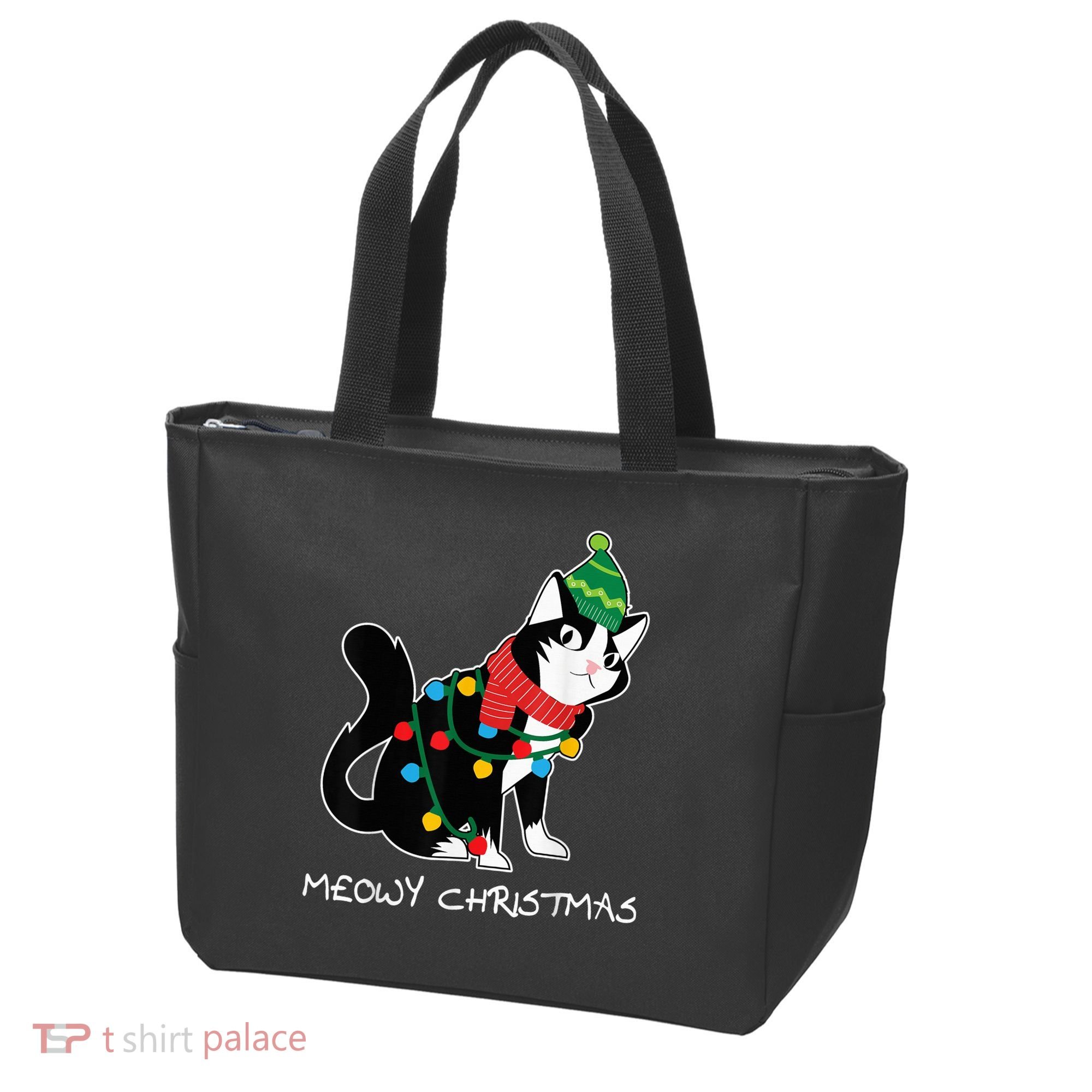 Santa Hat Cat Meowy X-Mas Light Up Funny Christmas Gift Tote Bag