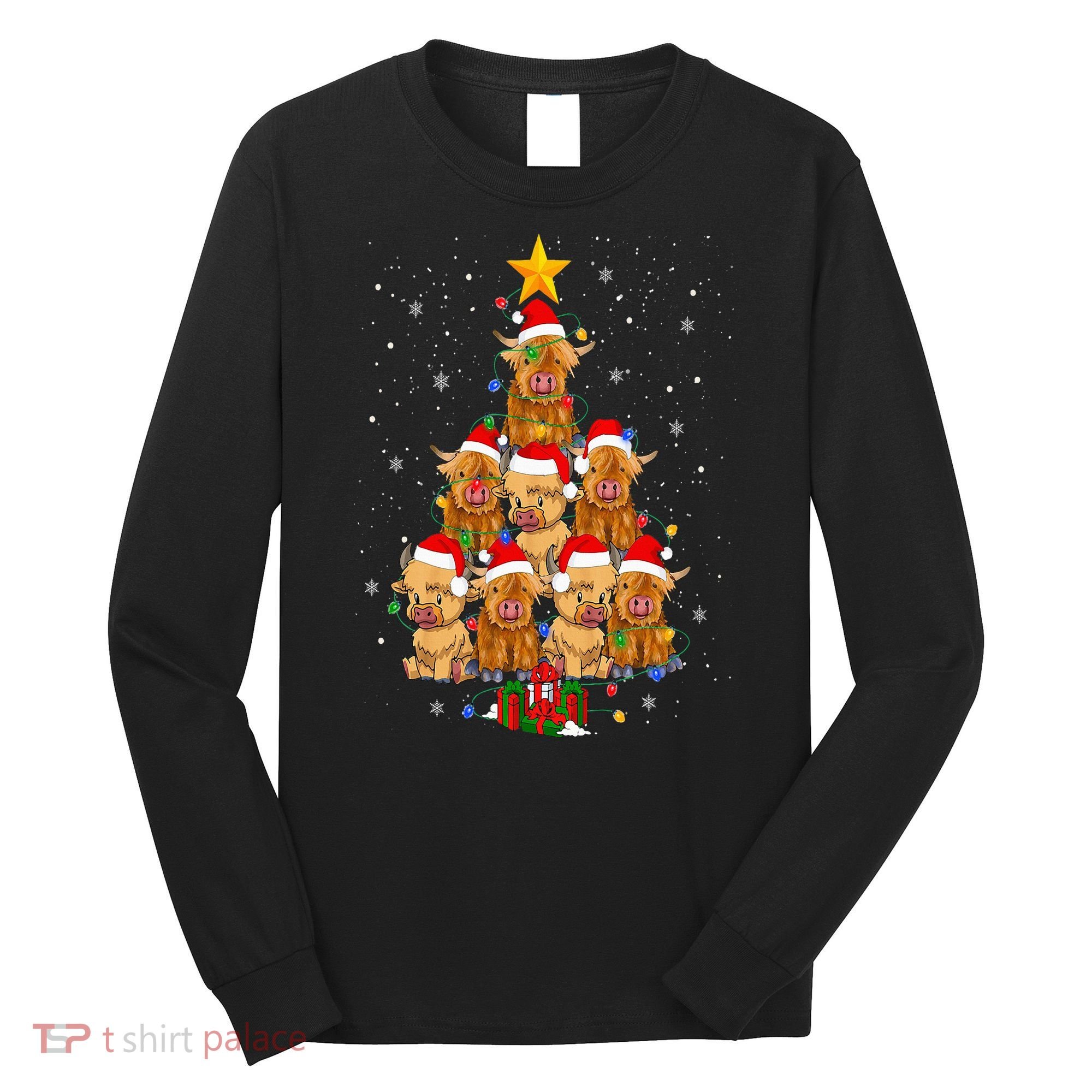 Scottish Highland Cow Christmas Tree Funny Cow Lover Xmas Long Sleeve Shirt