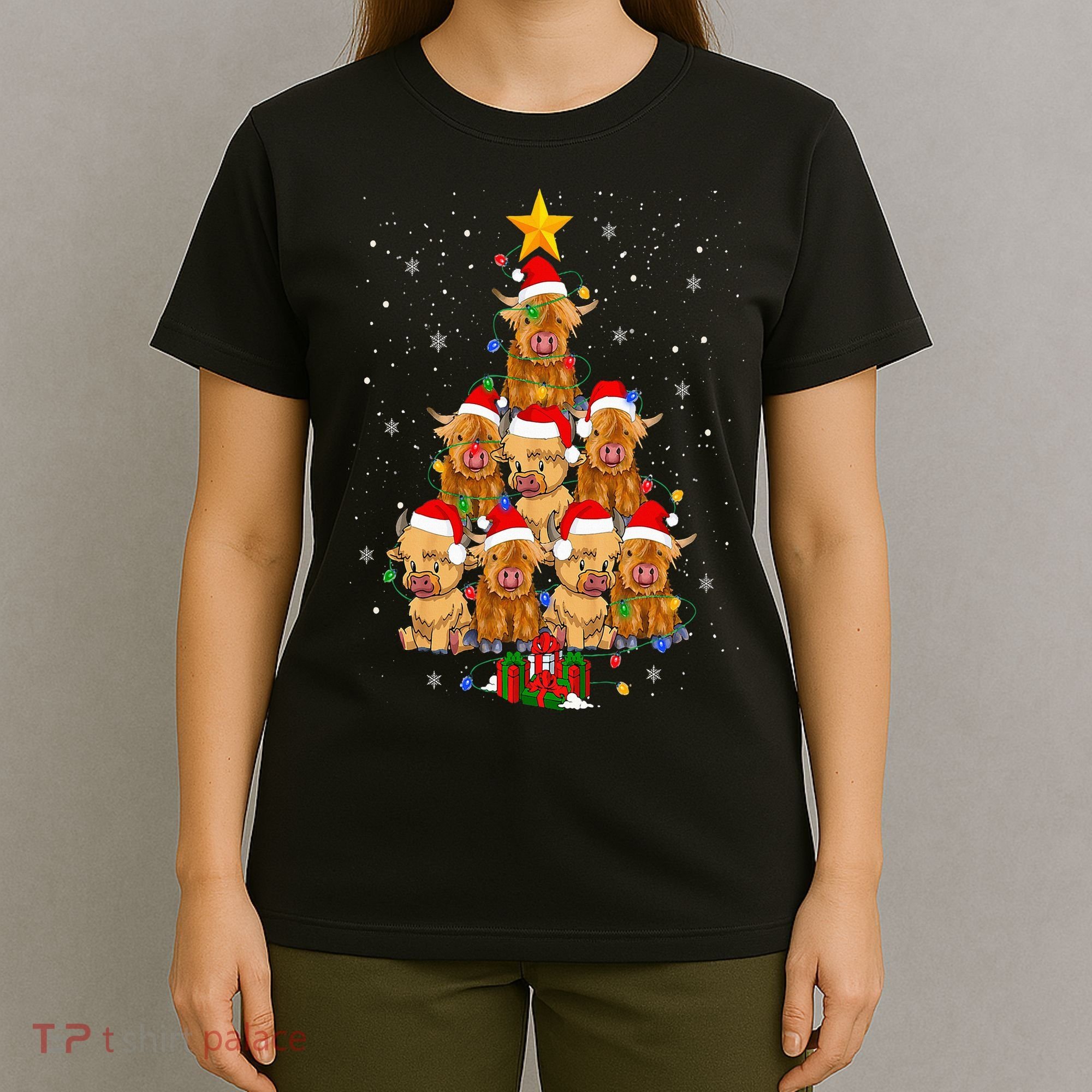 Scottish Highland Cow Christmas Tree Funny Cow Lover Xmas T-Shirt
