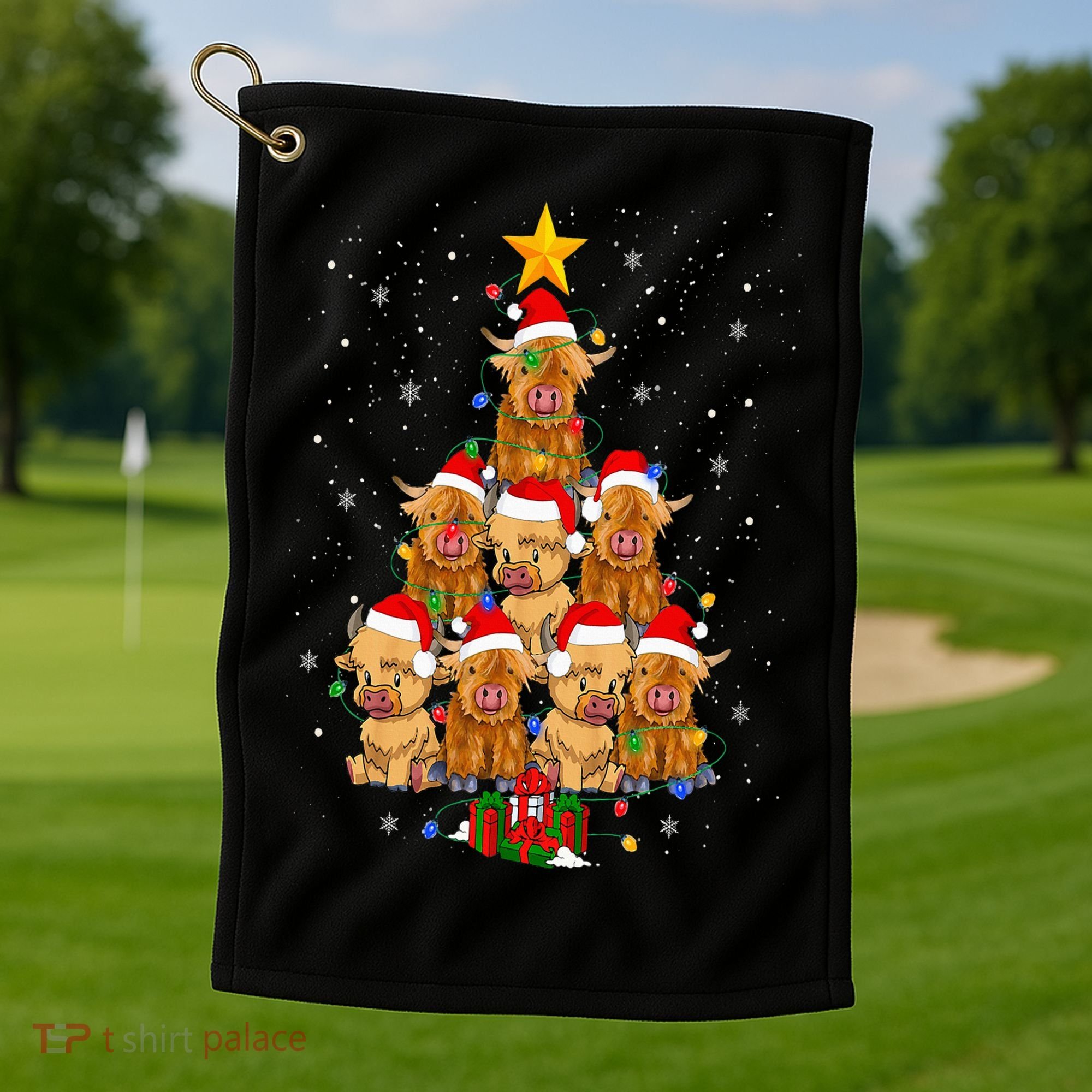 Scottish Highland Cow Christmas Tree Funny Cow Lover Xmas Golf Towel