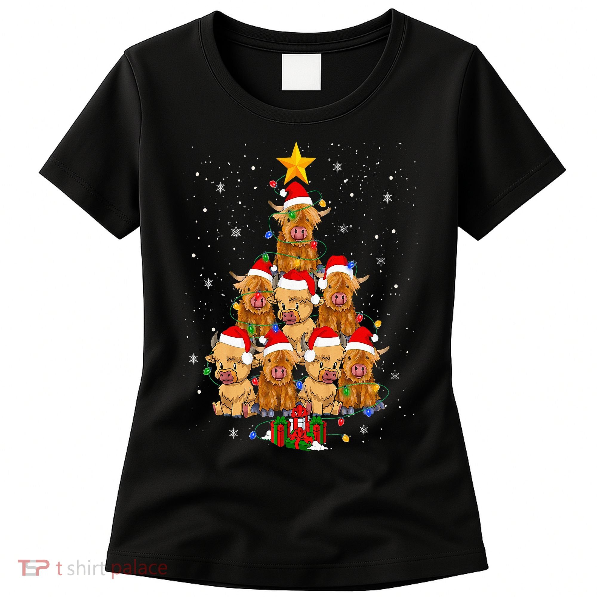 Scottish Highland Cow Christmas Tree Funny Cow Lover Xmas Women's T-Shirt