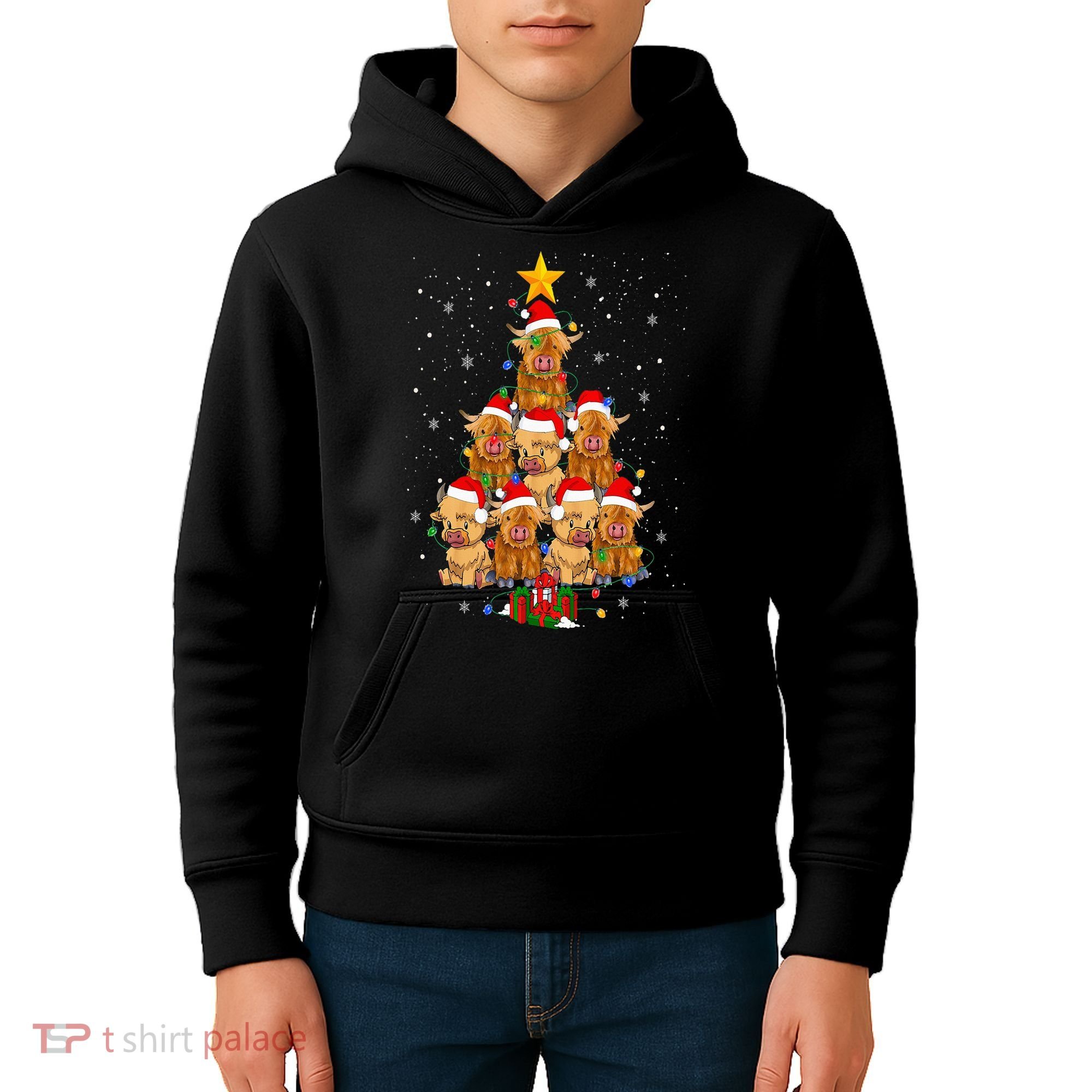 Scottish Highland Cow Christmas Tree Funny Cow Lover Xmas Kids Hoodie