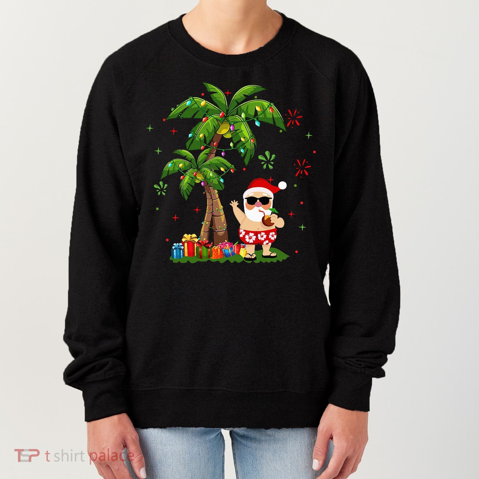 Santa Hawaiian Christmas Palm Tree Lights Xmas Women's Sweatshirt