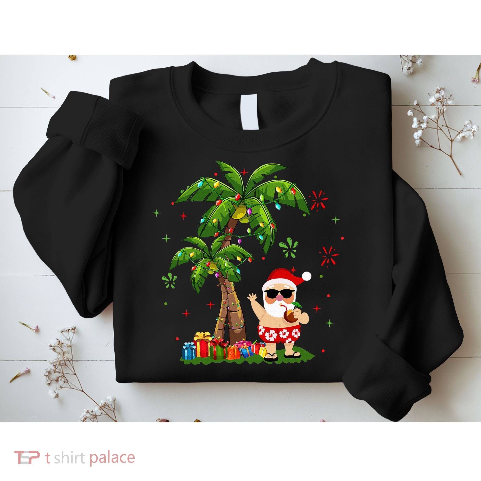 Santa Hawaiian Christmas Palm Tree Lights Xmas Sweatshirt