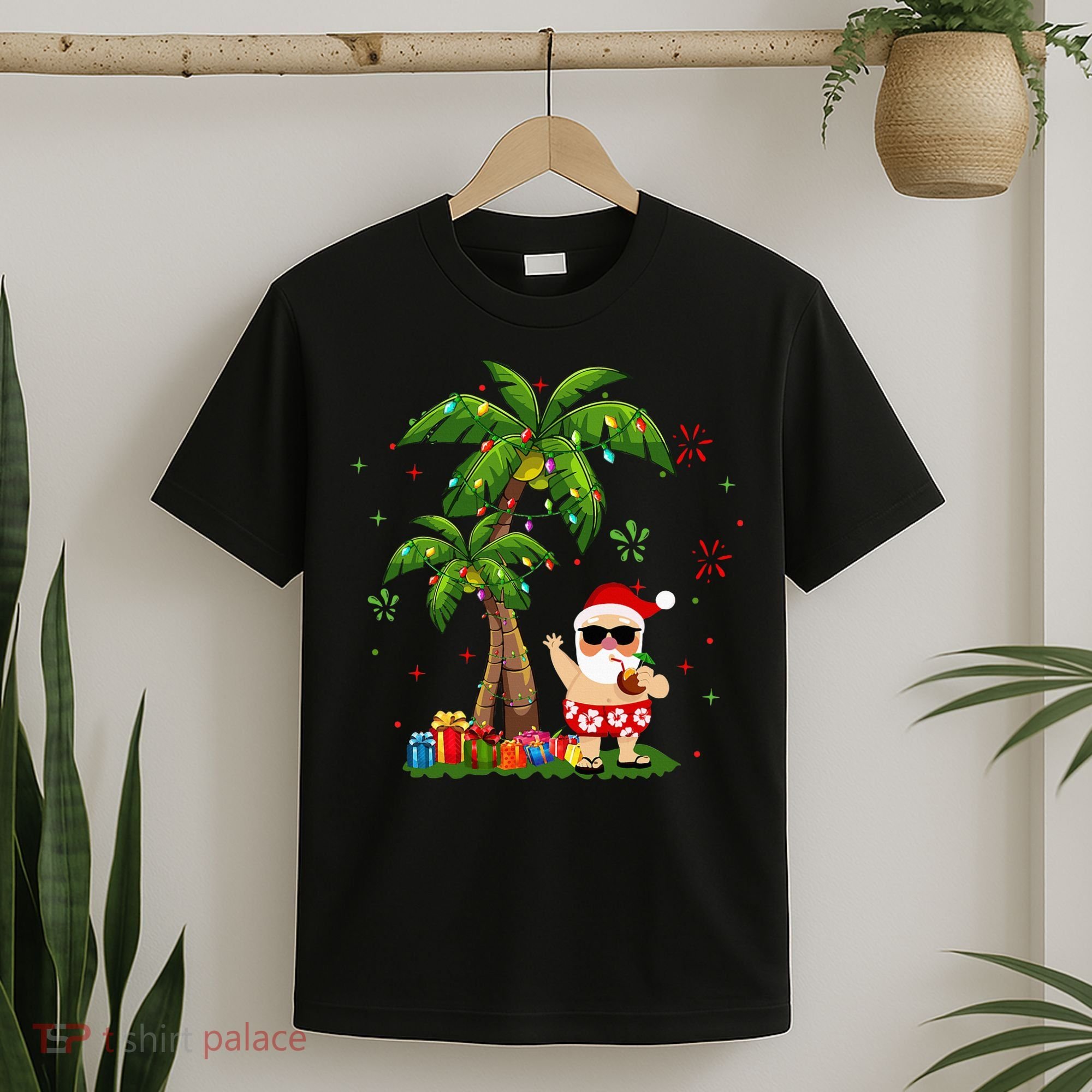 Santa Hawaiian Christmas Palm Tree Lights Xmas T-Shirt