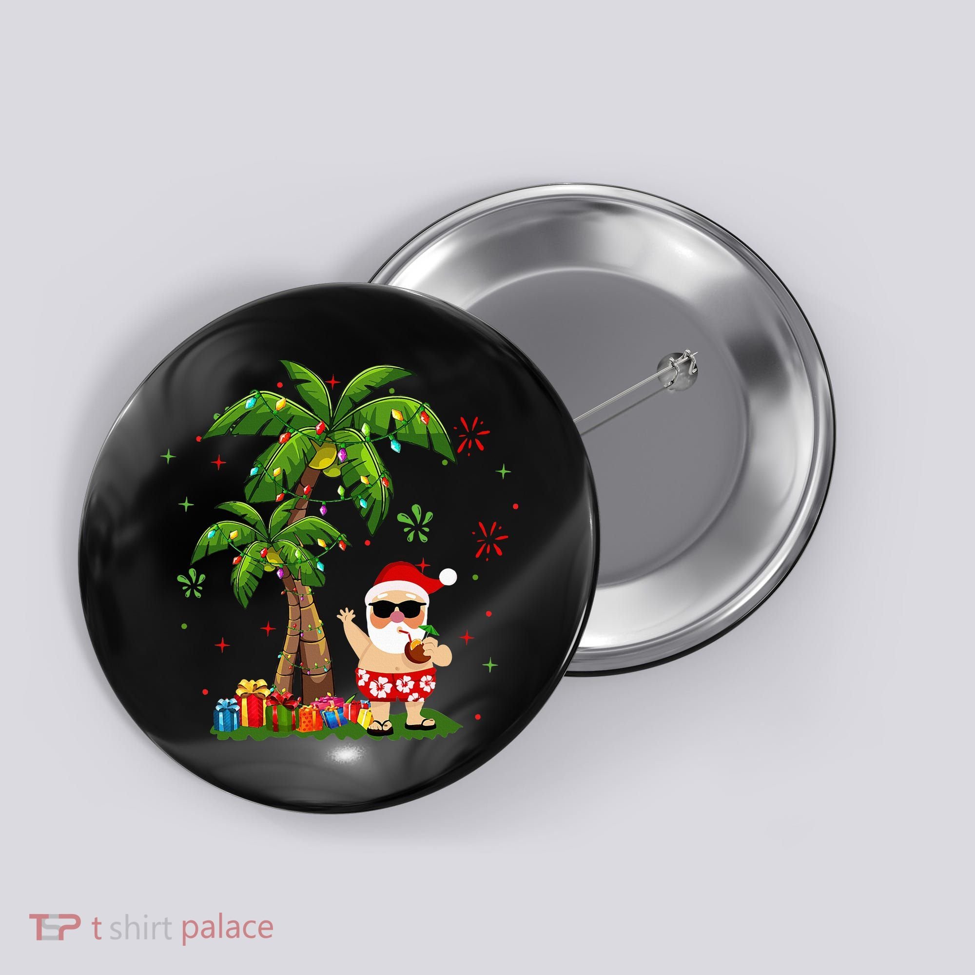 Santa Hawaiian Christmas Palm Tree Lights Xmas Button