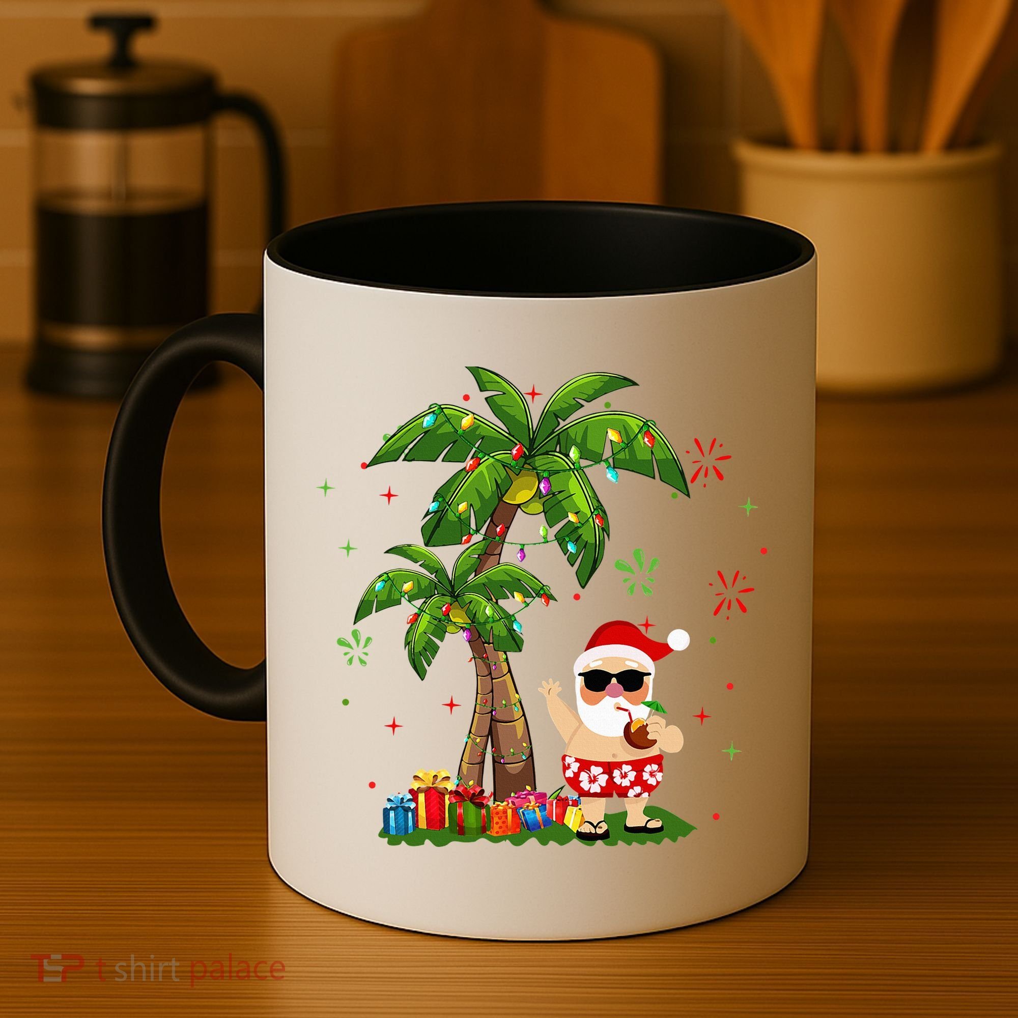 Santa Hawaiian Christmas Palm Tree Lights Xmas Coffee Mug