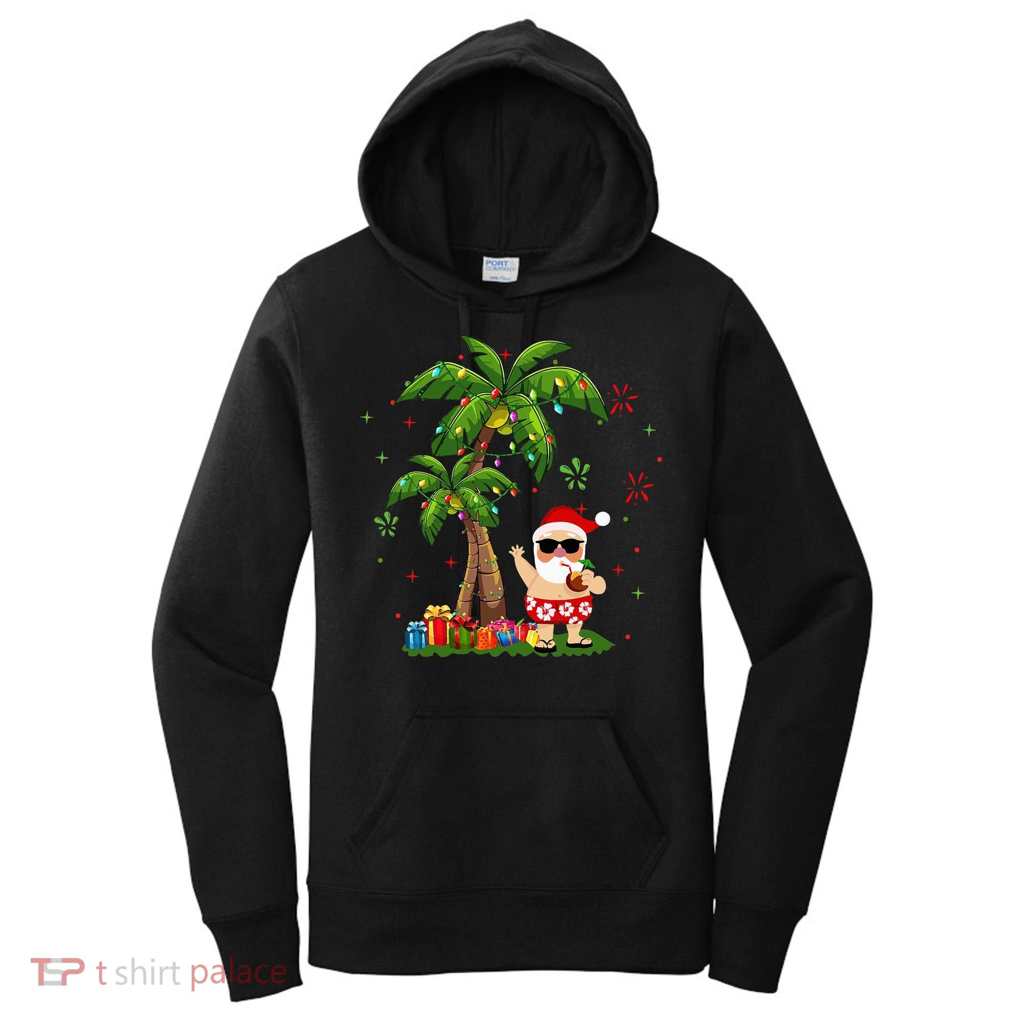 Santa Hawaiian Christmas Palm Tree Lights Xmas Women's Hoodie