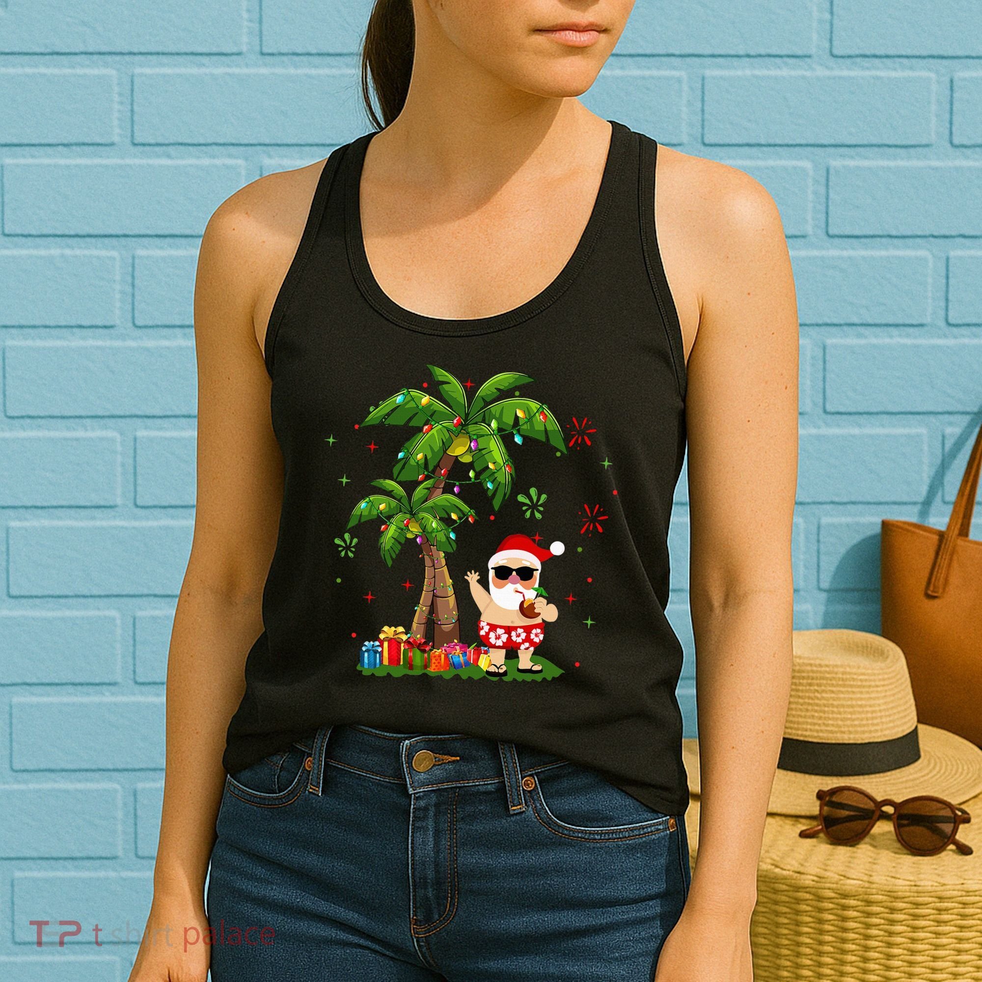 Santa Hawaiian Christmas Palm Tree Lights Xmas Women's Tank Top