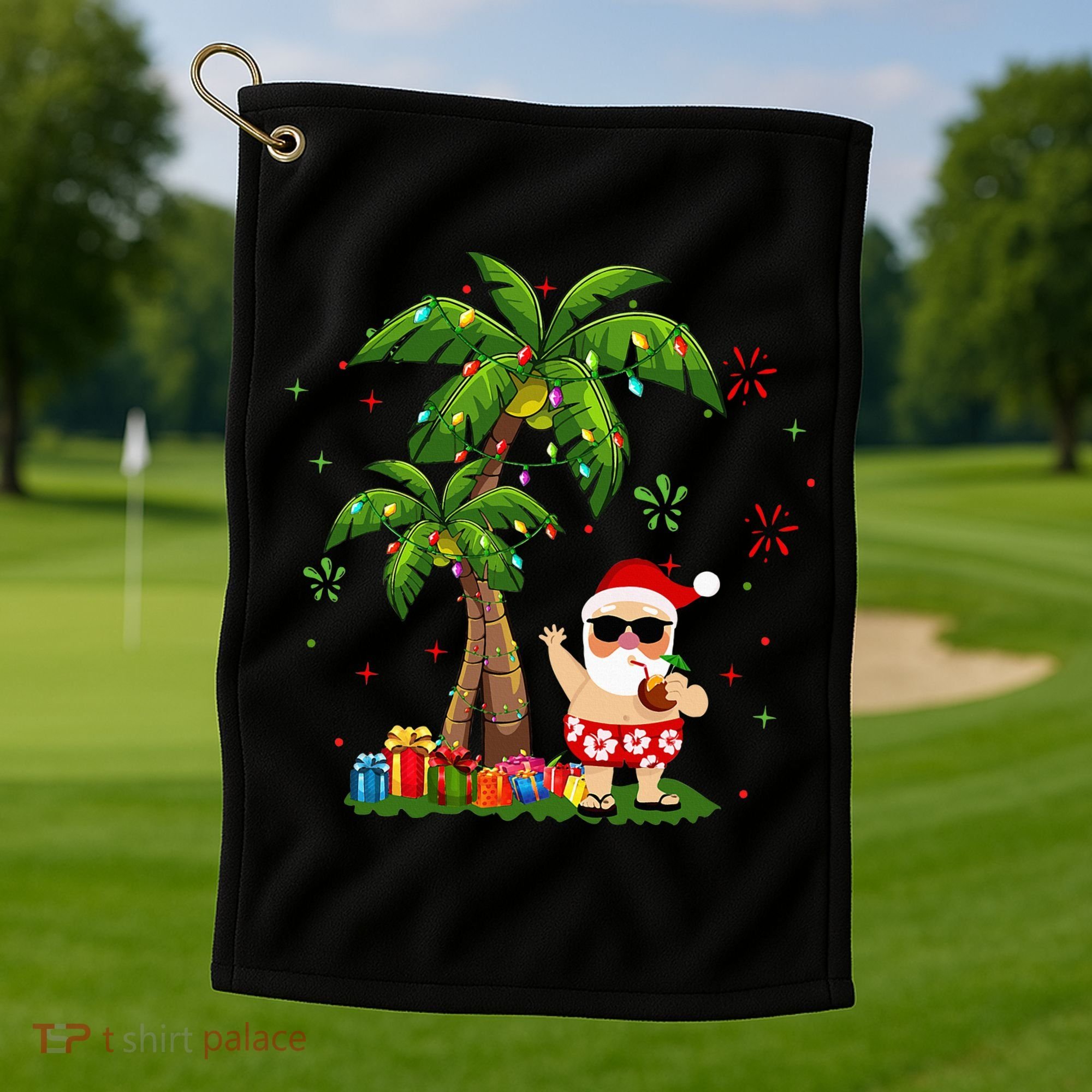Santa Hawaiian Christmas Palm Tree Lights Xmas Golf Towel