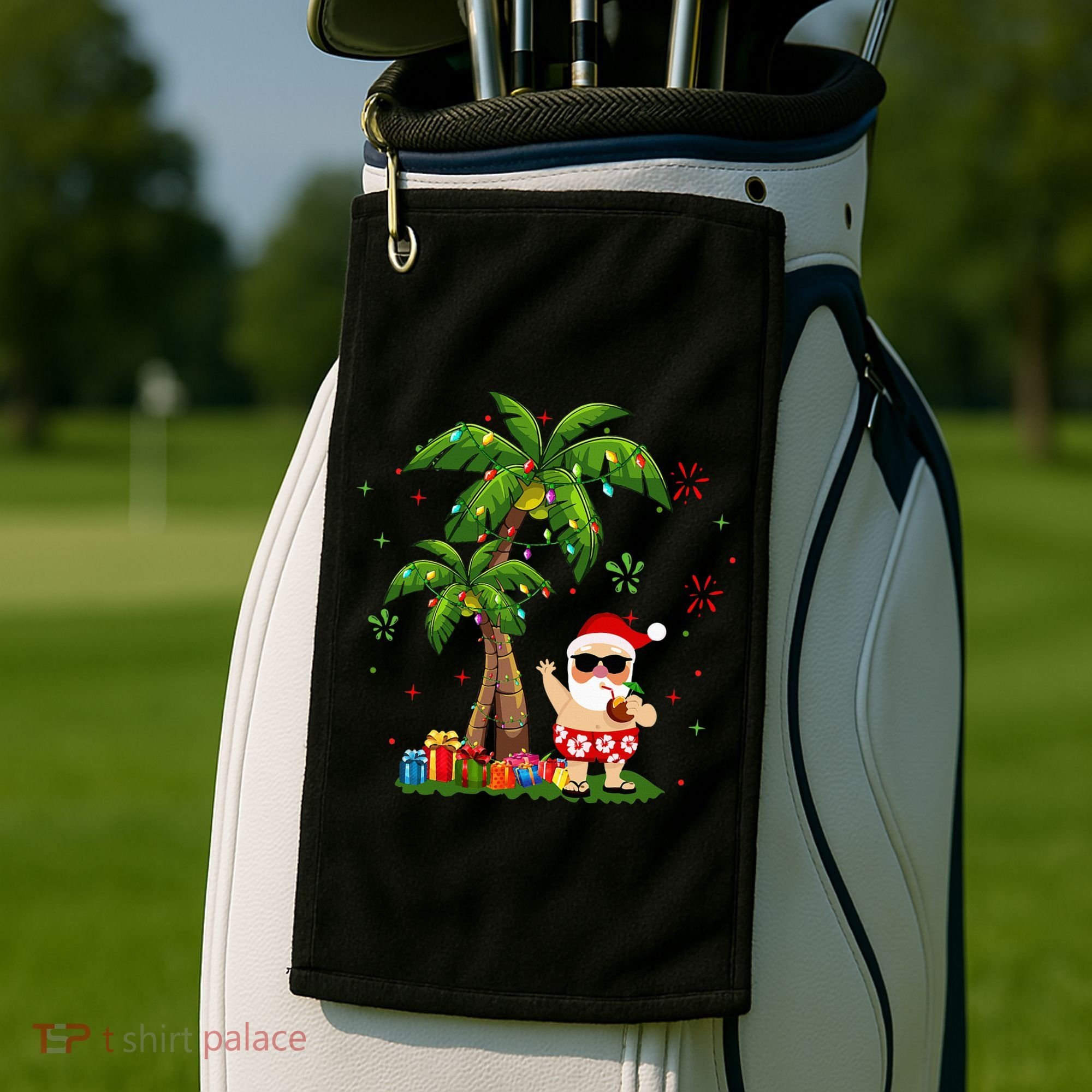 Santa Hawaiian Christmas Palm Tree Lights Xmas Golf Towel
