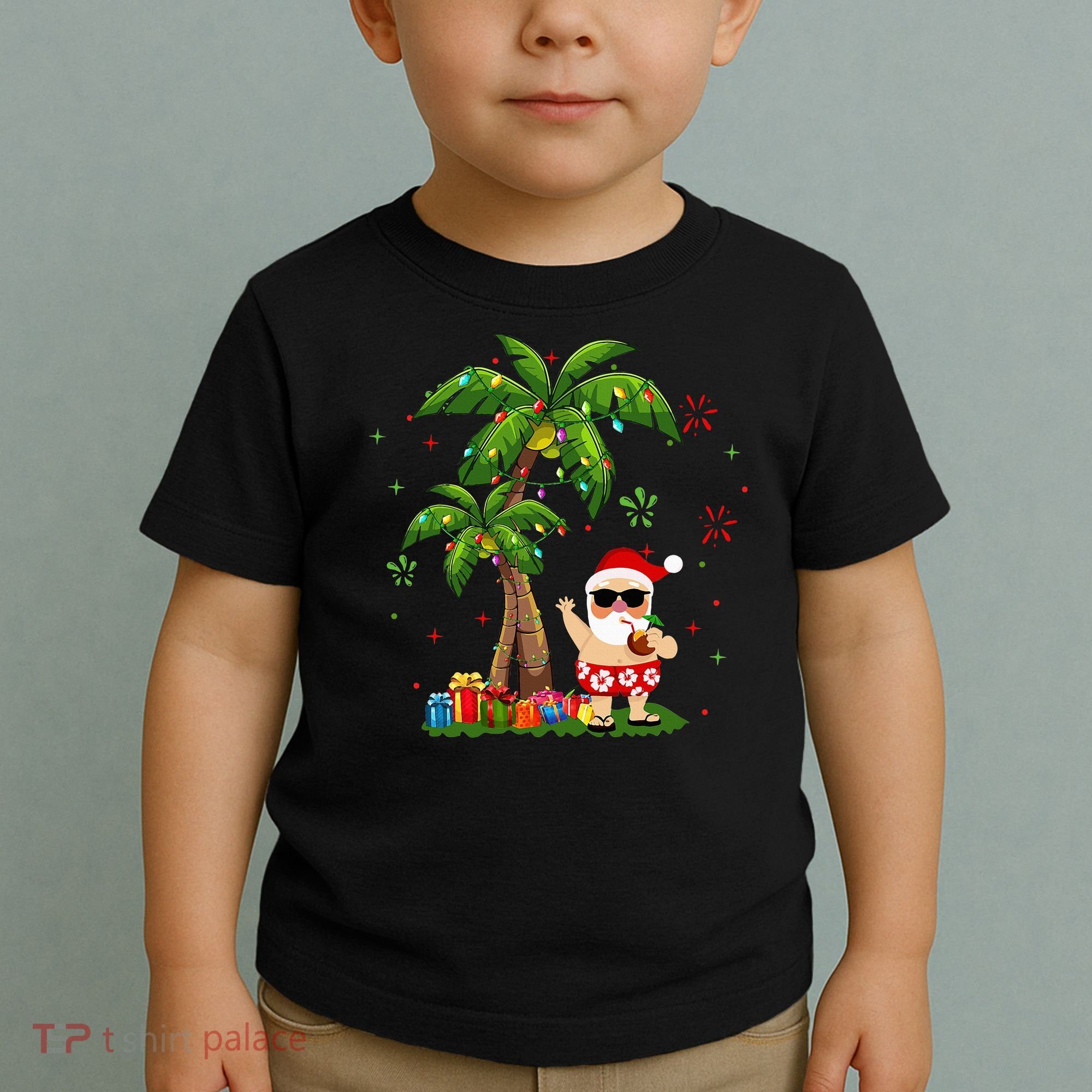 Santa Hawaiian Christmas Palm Tree Lights Xmas Toddler T-Shirt