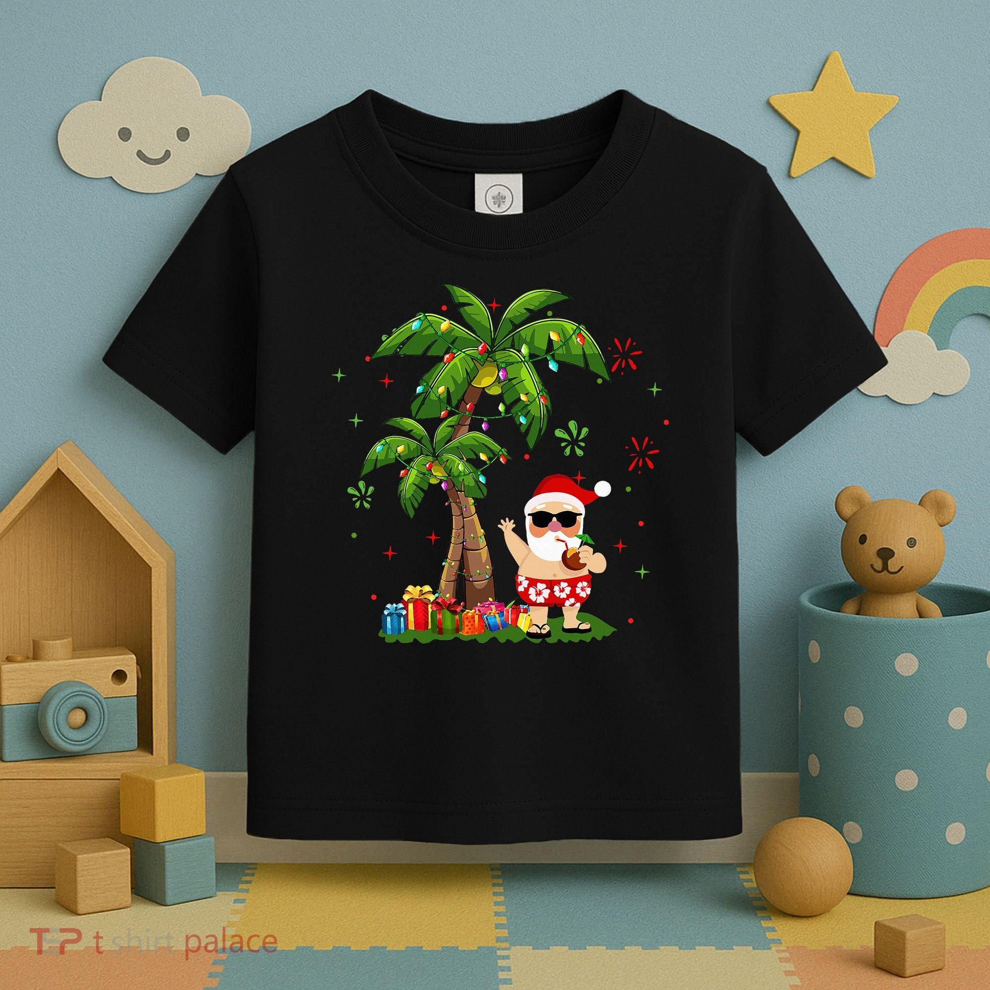 Santa Hawaiian Christmas Palm Tree Lights Xmas Toddler T-Shirt