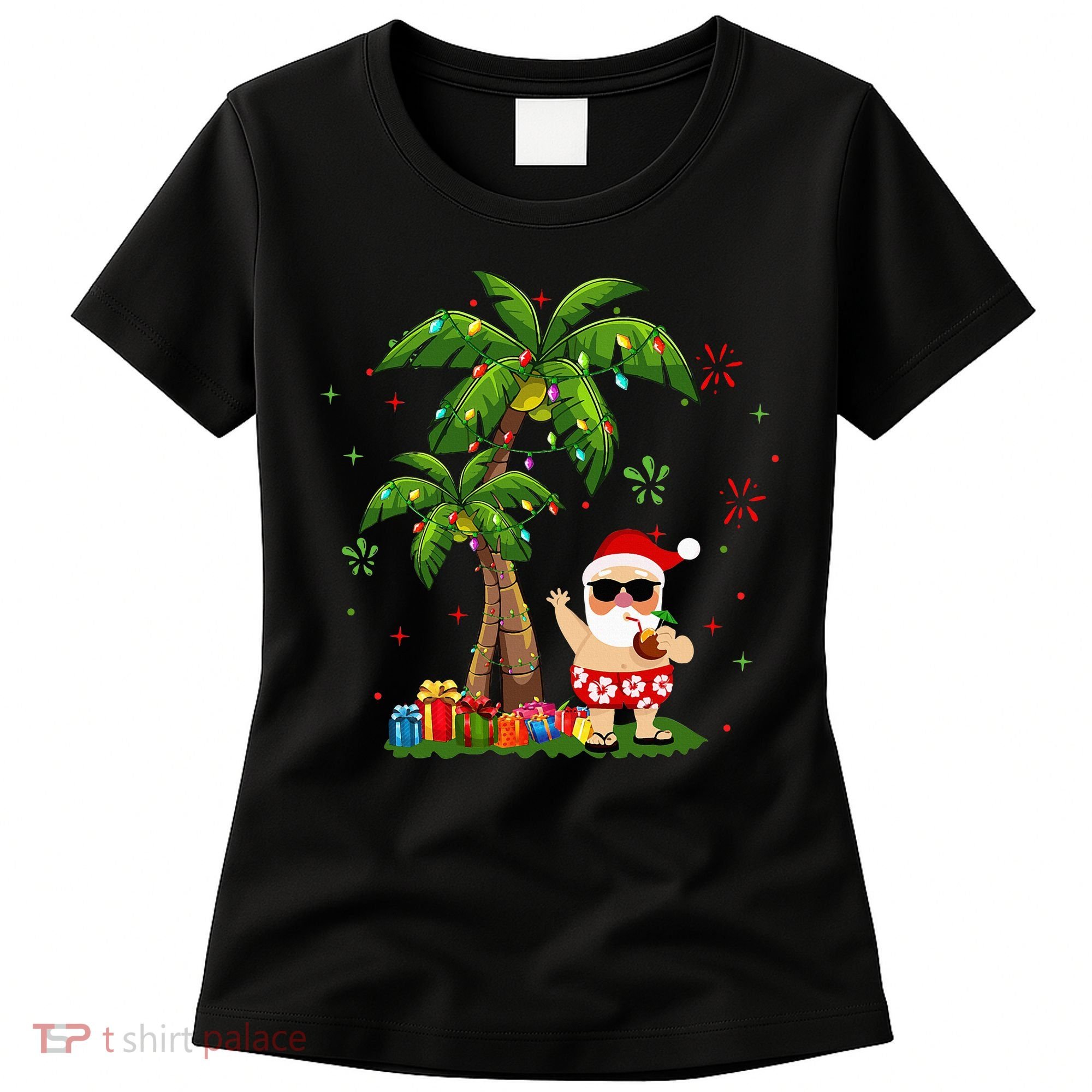 Santa Hawaiian Christmas Palm Tree Lights Xmas Women's T-Shirt