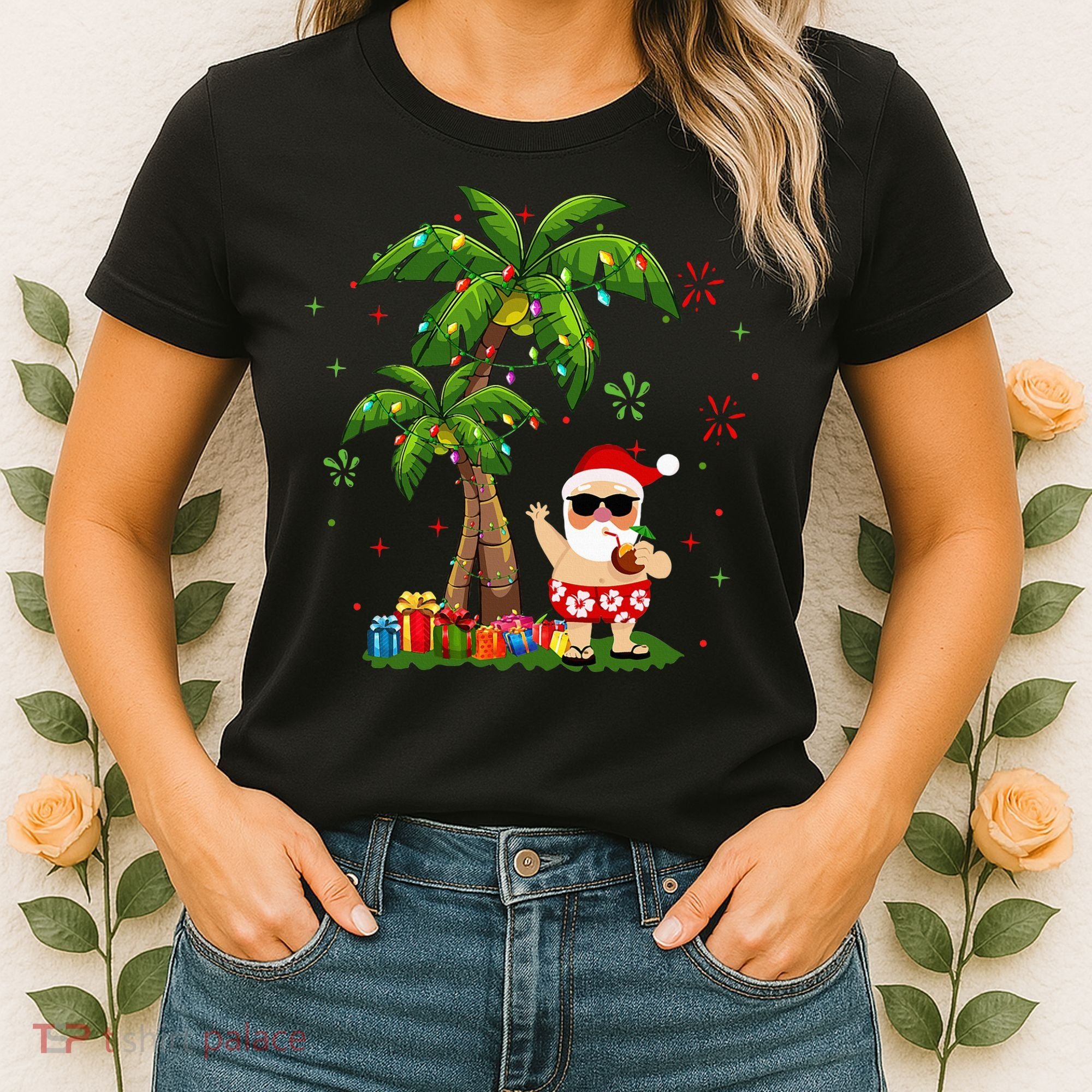 Santa Hawaiian Christmas Palm Tree Lights Xmas Women's T-Shirt