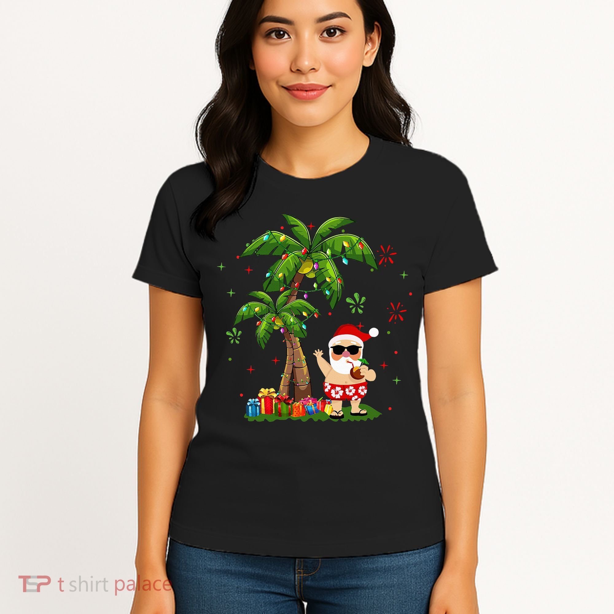 Santa Hawaiian Christmas Palm Tree Lights Xmas Women's T-Shirt