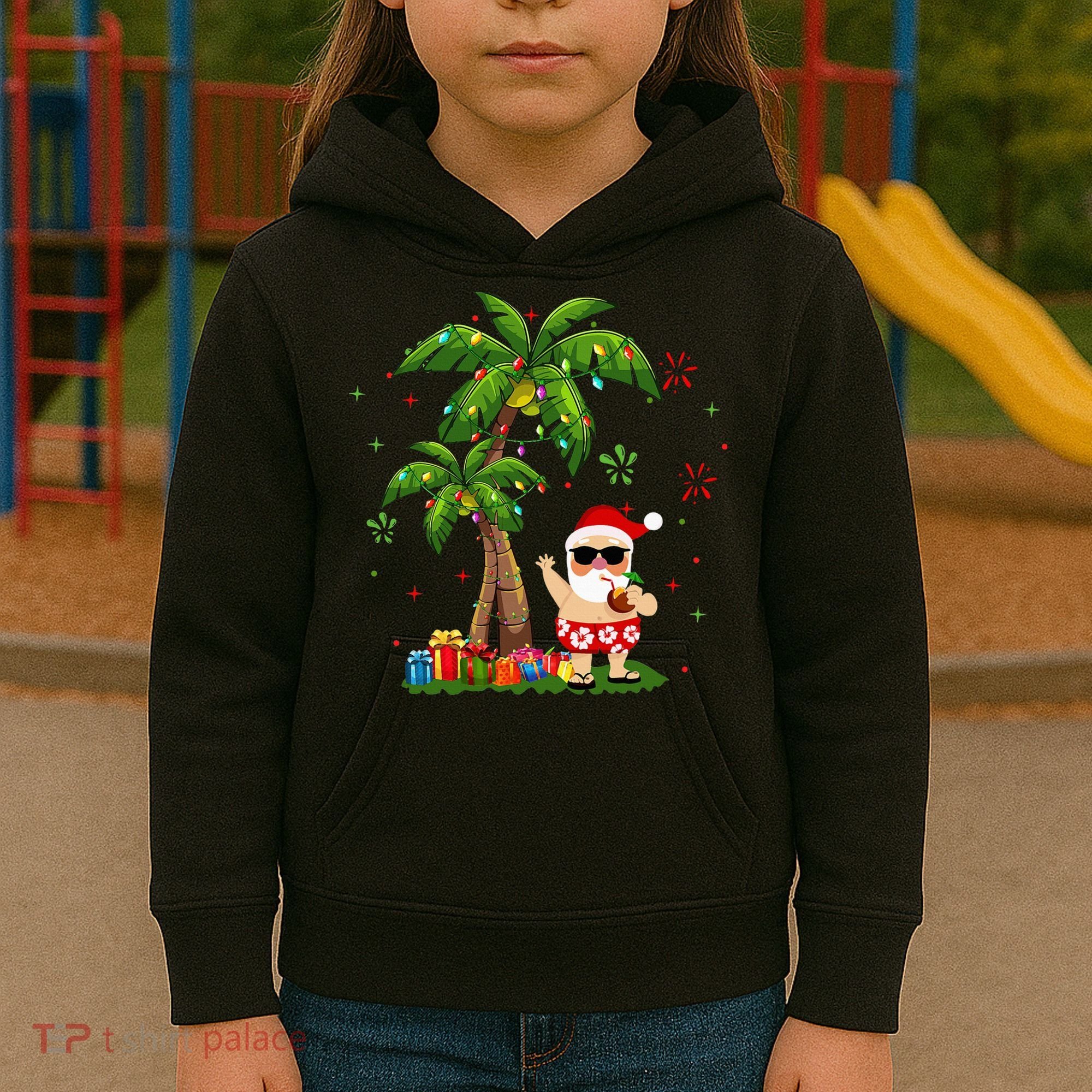 Santa Hawaiian Christmas Palm Tree Lights Xmas Kids Hoodie