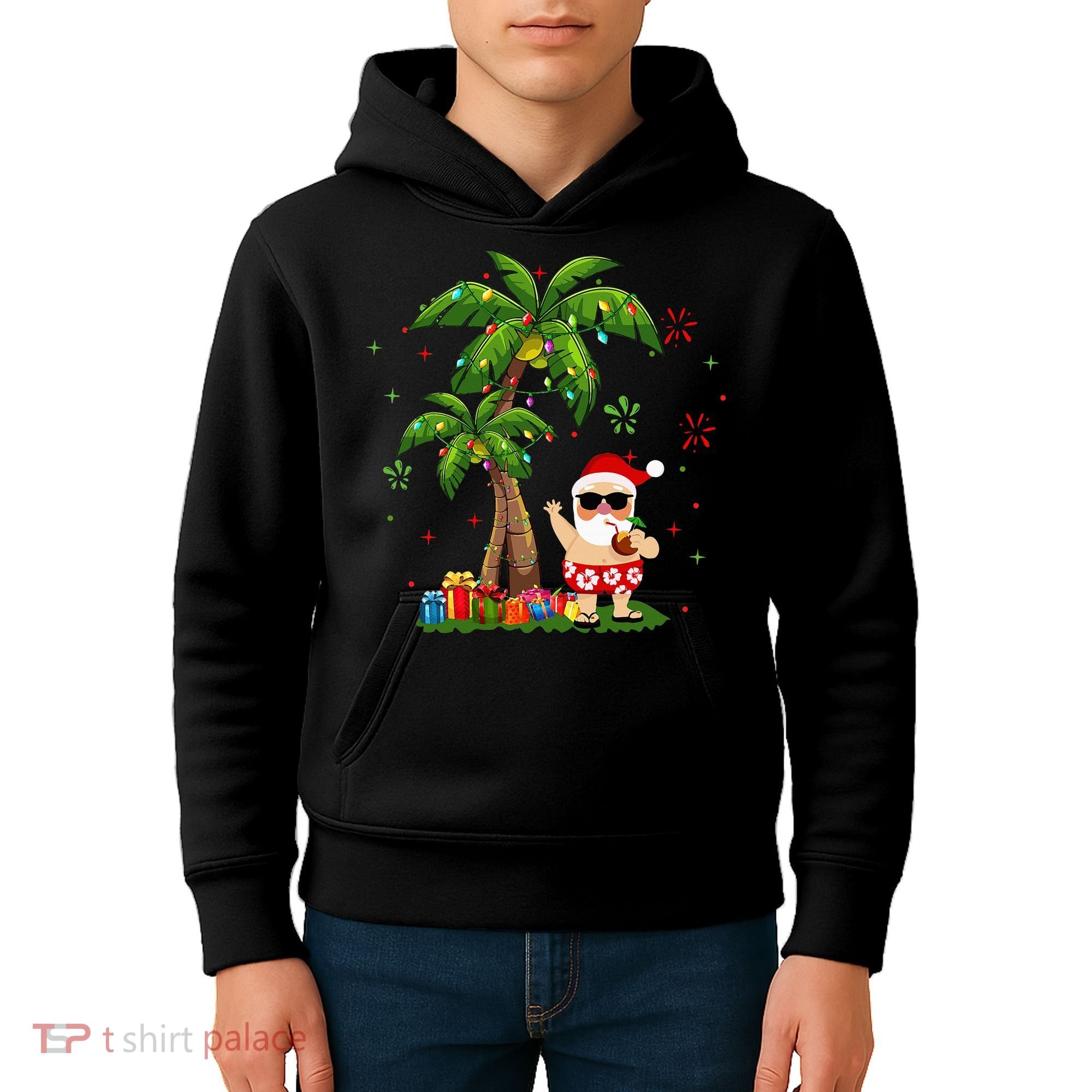 Santa Hawaiian Christmas Palm Tree Lights Xmas Kids Hoodie