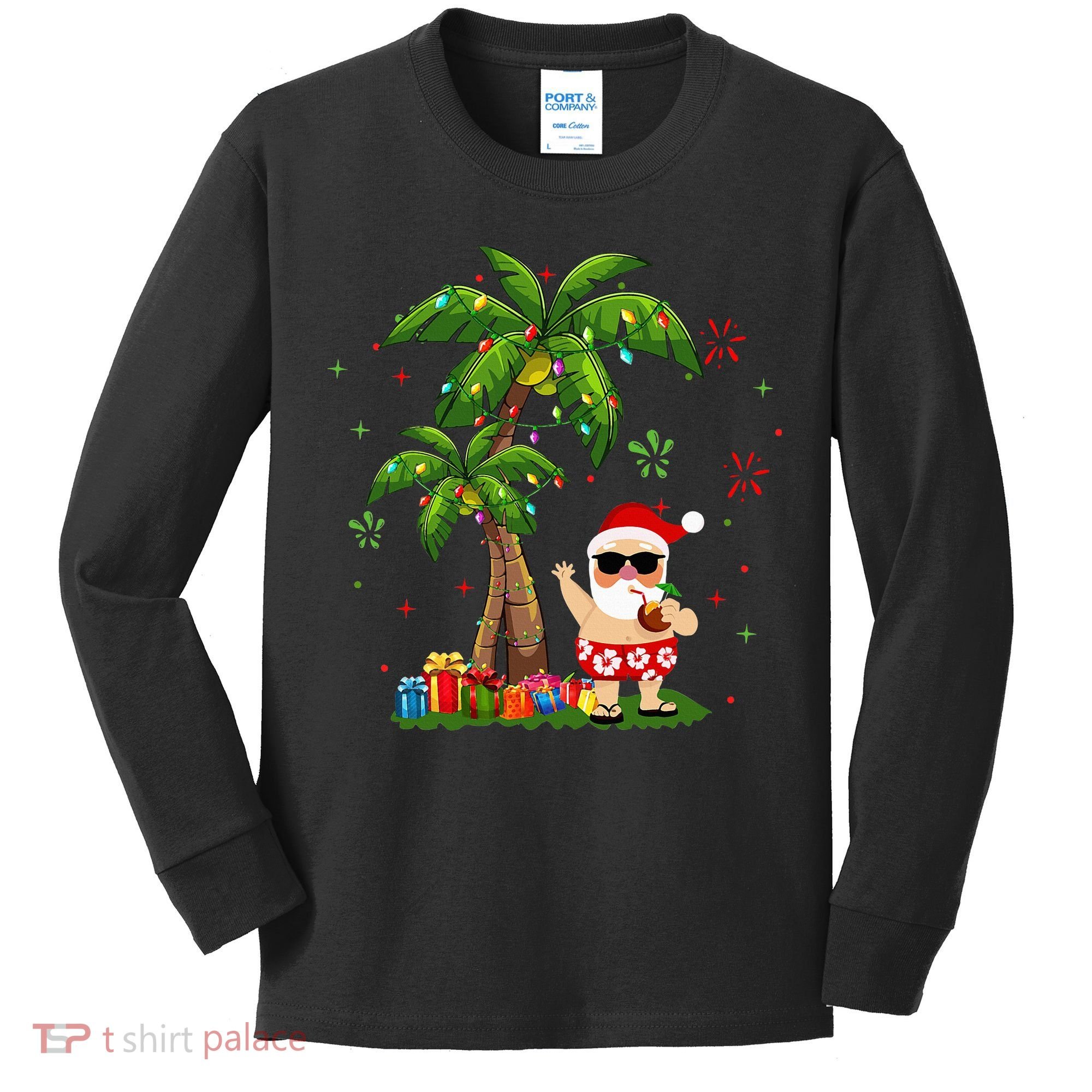 Santa Hawaiian Christmas Palm Tree Lights Xmas Kids Long Sleeve Shirt