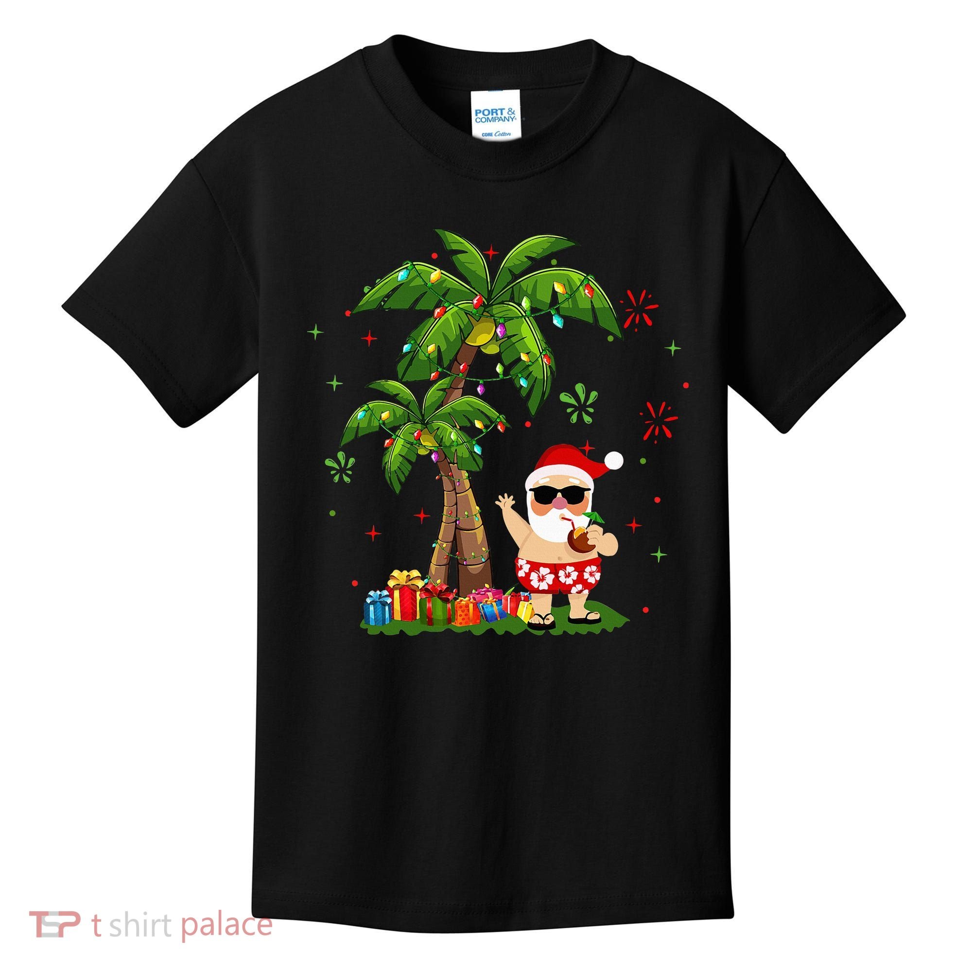 Santa Hawaiian Christmas Palm Tree Lights Xmas Kids T-Shirt