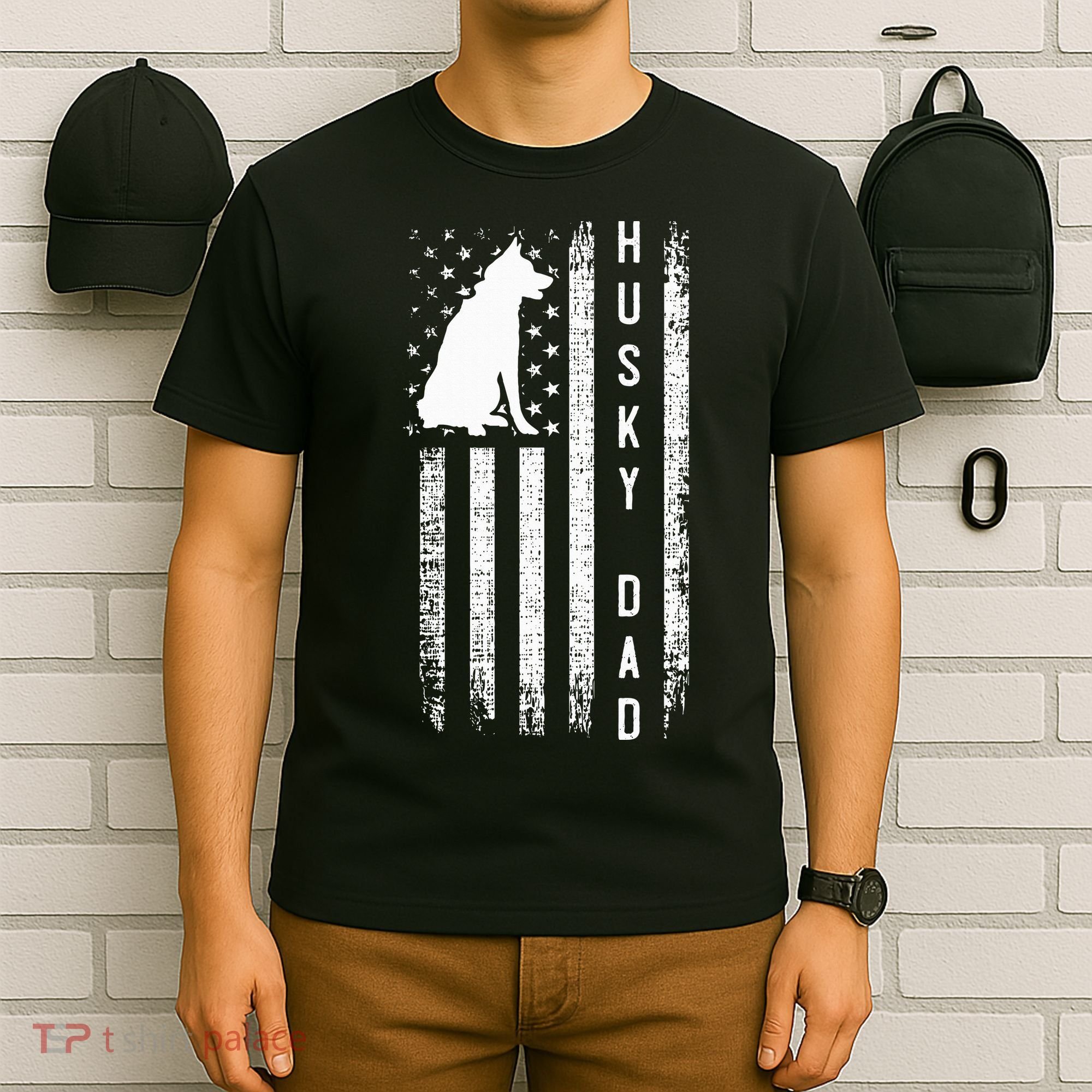 Siberian Husky Dog Breed American Flag Husky Lover Dog Dad T-Shirt
