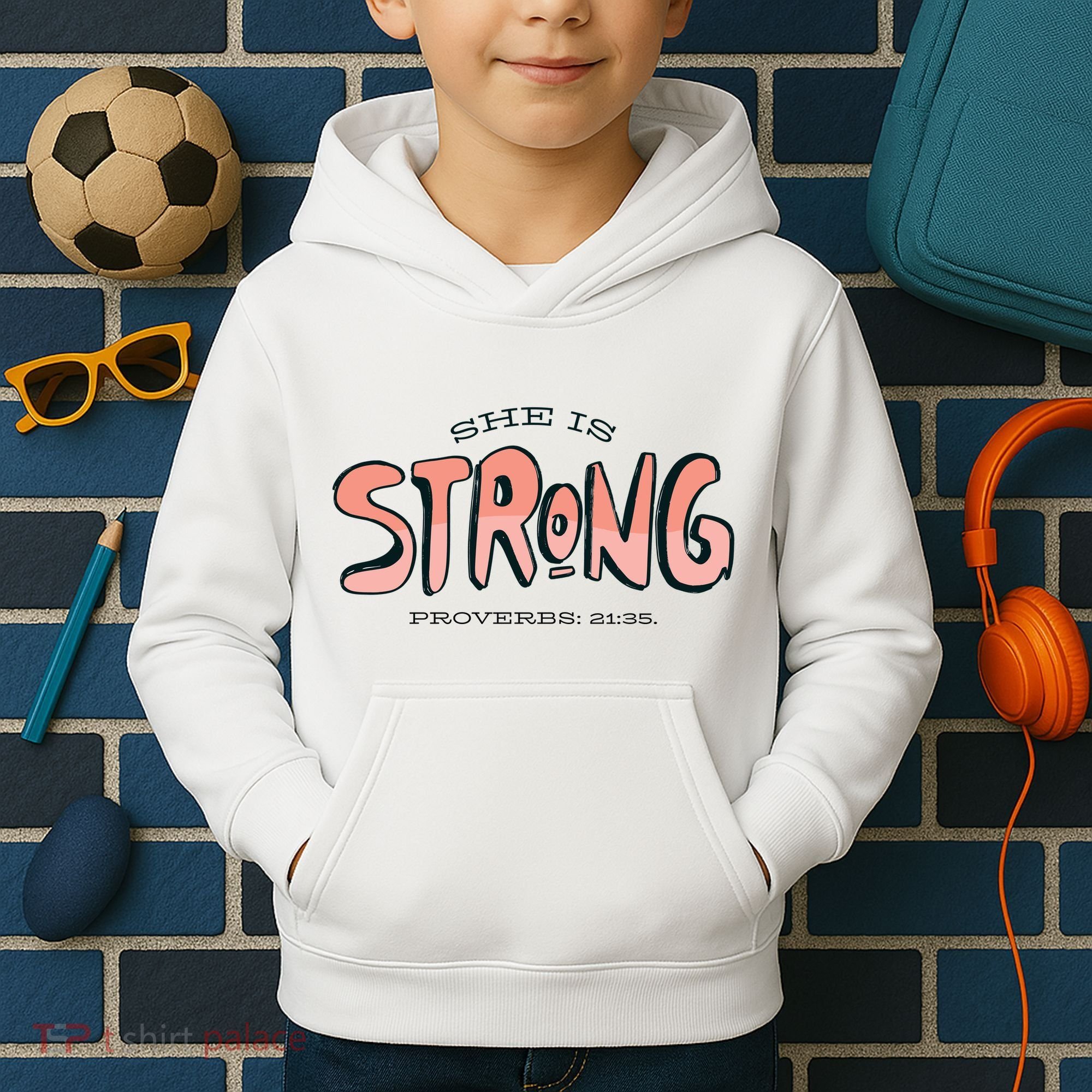 She Is Strong Bible Verse Kids Hoodie