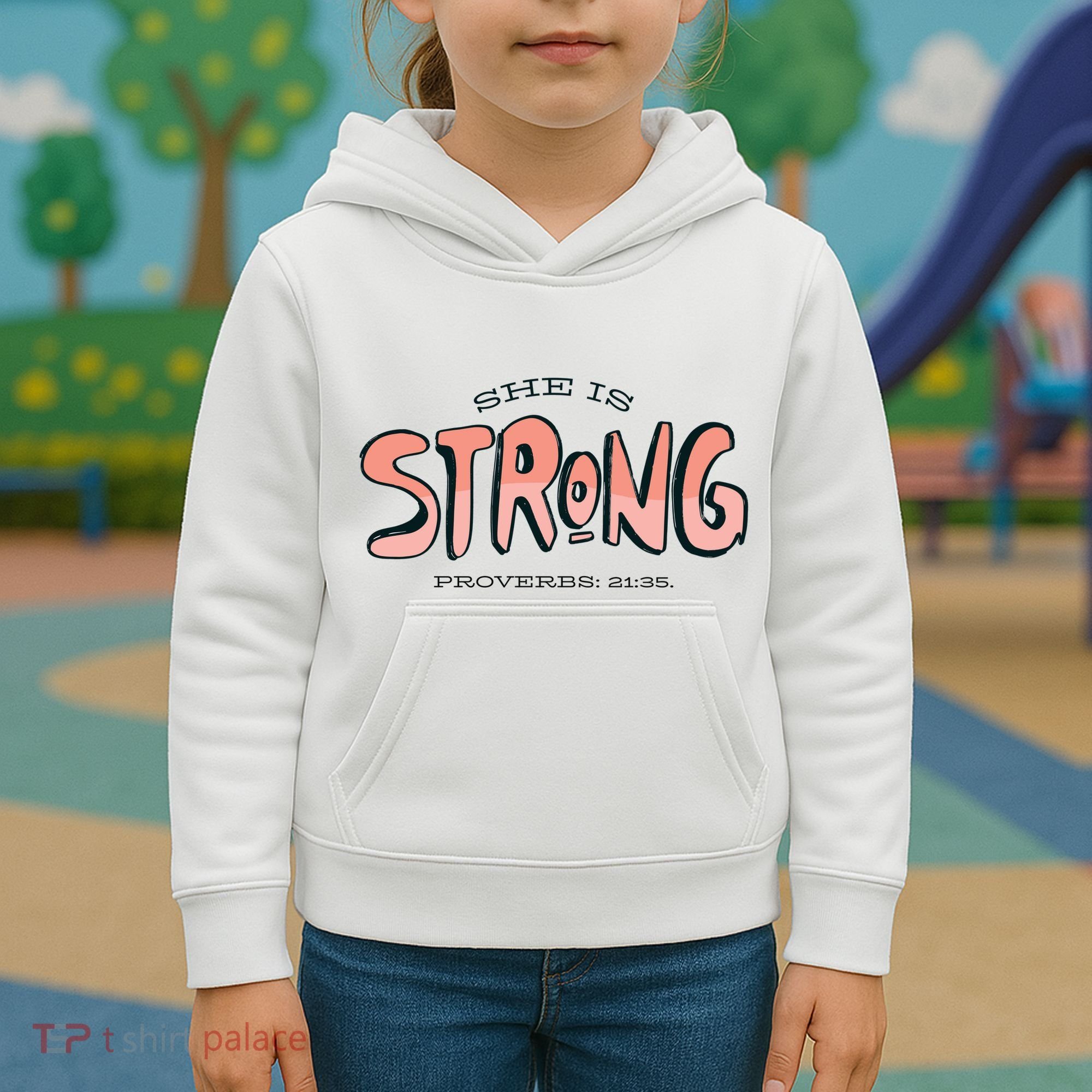 She Is Strong Bible Verse Kids Hoodie