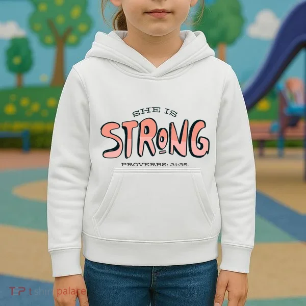 She Is Strong Bible Verse Kids Hoodie