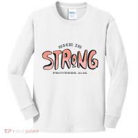 She Is Strong Bible Verse Kids Long Sleeve Shirt thumb 0