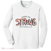 She Is Strong Bible Verse Kids Long Sleeve Shirt thumb 0