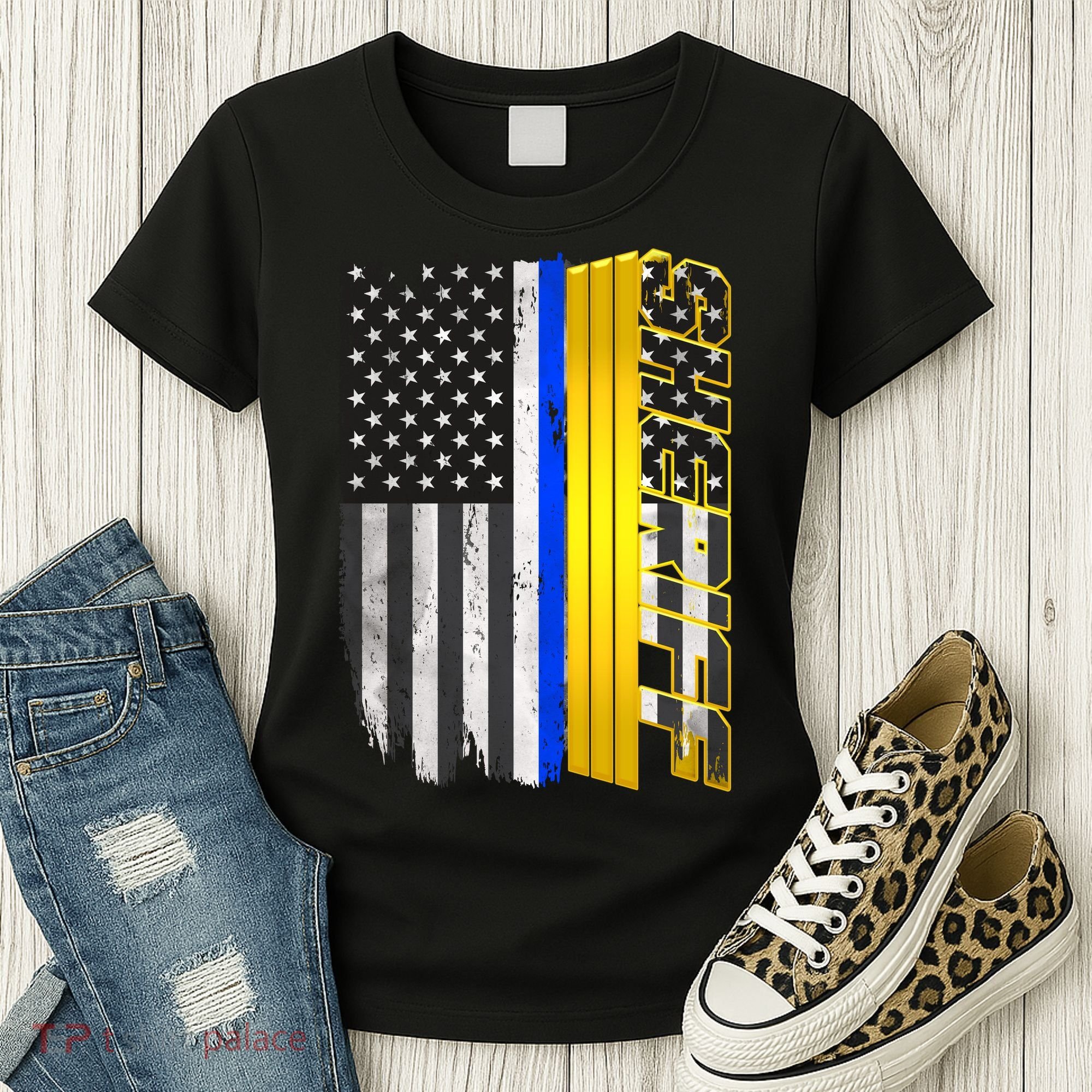Sheriff Blue Thin Line Police Flag Women's T-Shirt