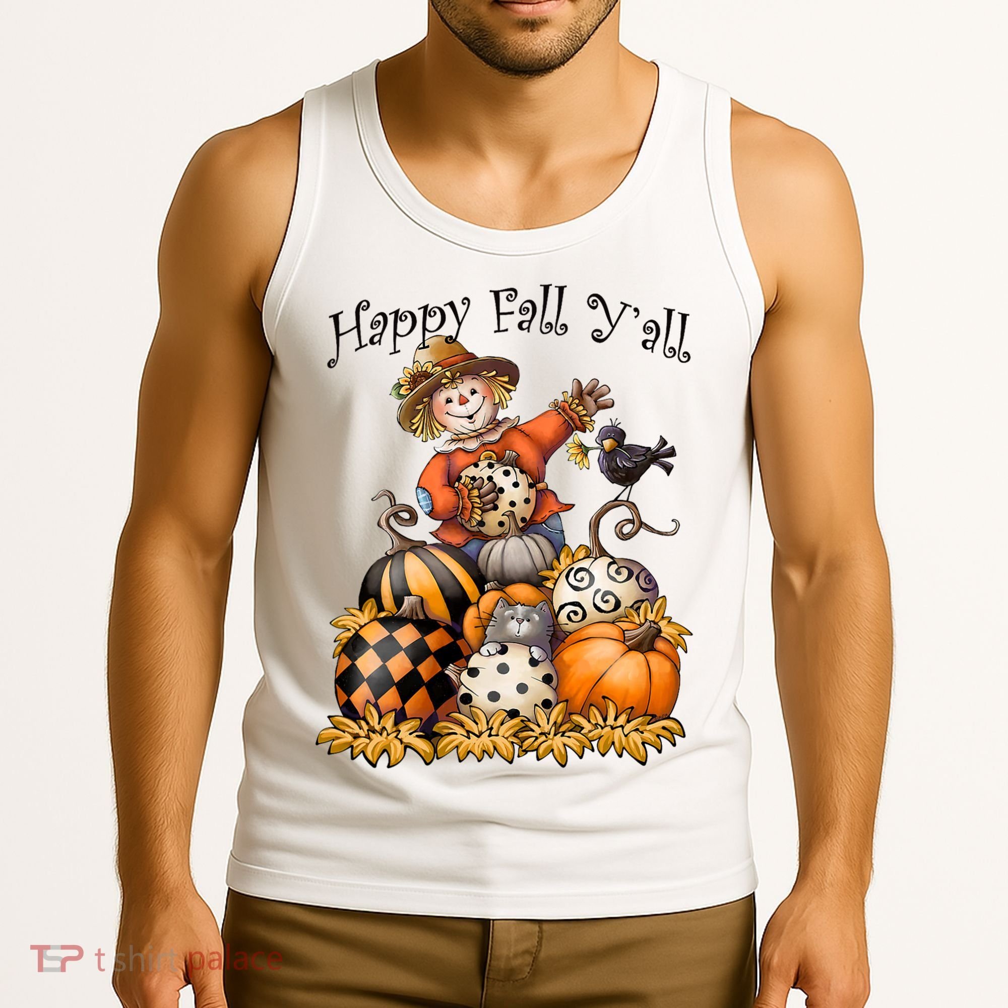 Scarecrow Happy Fall Y'all Pumpkin Thanksgiving Halloween Tank Top