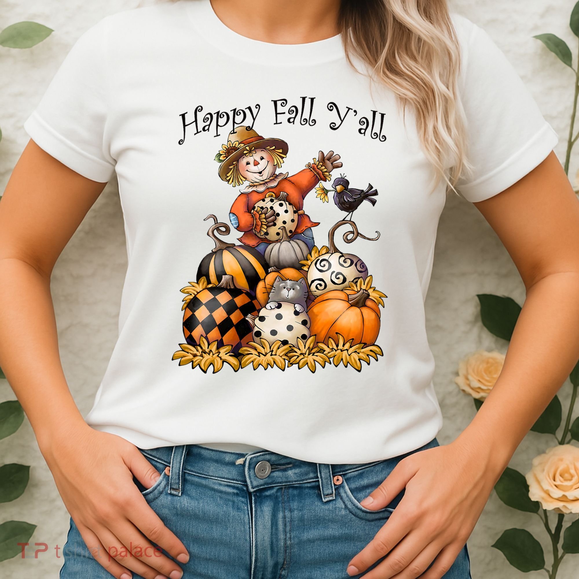 Scarecrow Happy Fall Y'all Pumpkin Thanksgiving Halloween Women's T-Shirt
