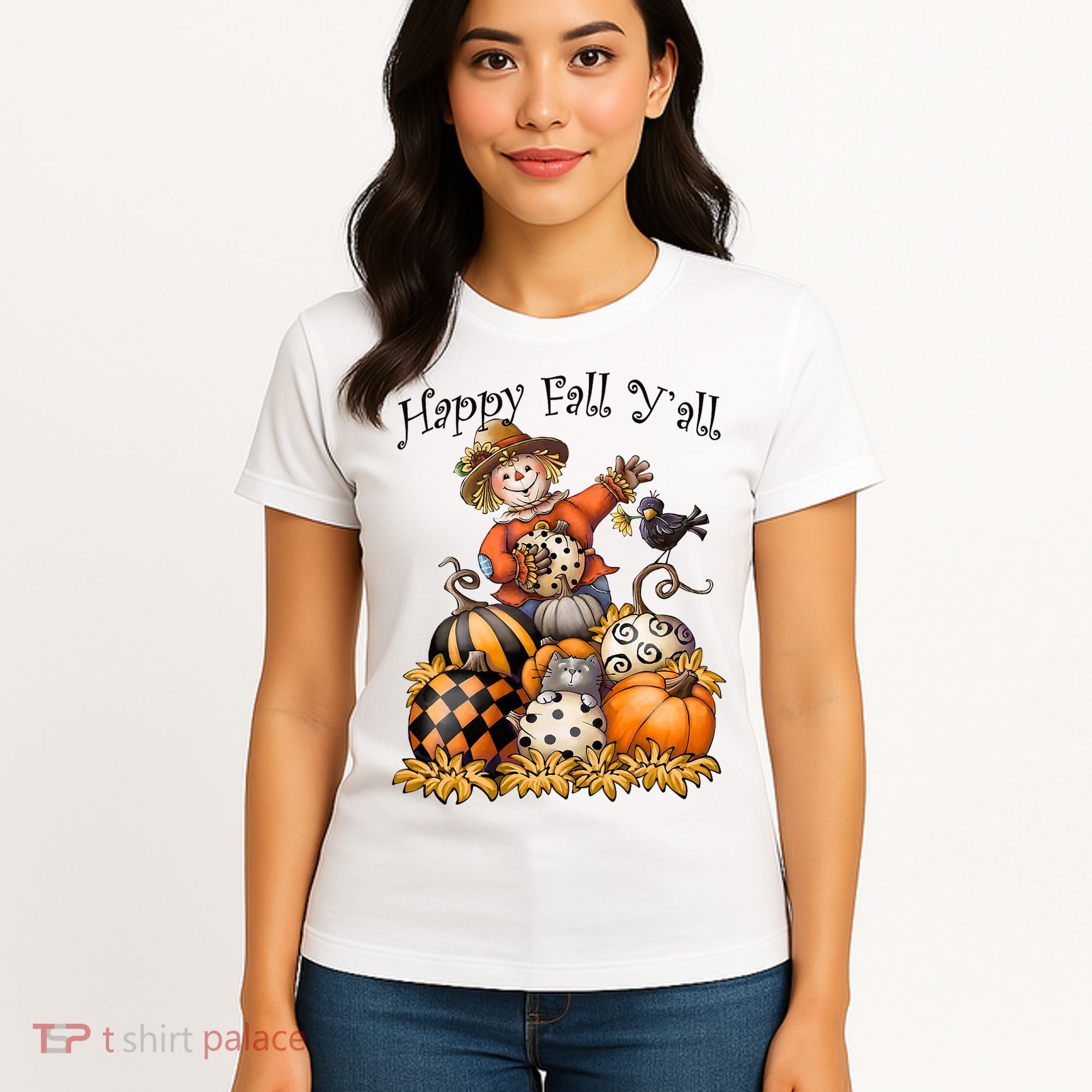 Scarecrow Happy Fall Y'all Pumpkin Thanksgiving Halloween Women's T-Shirt