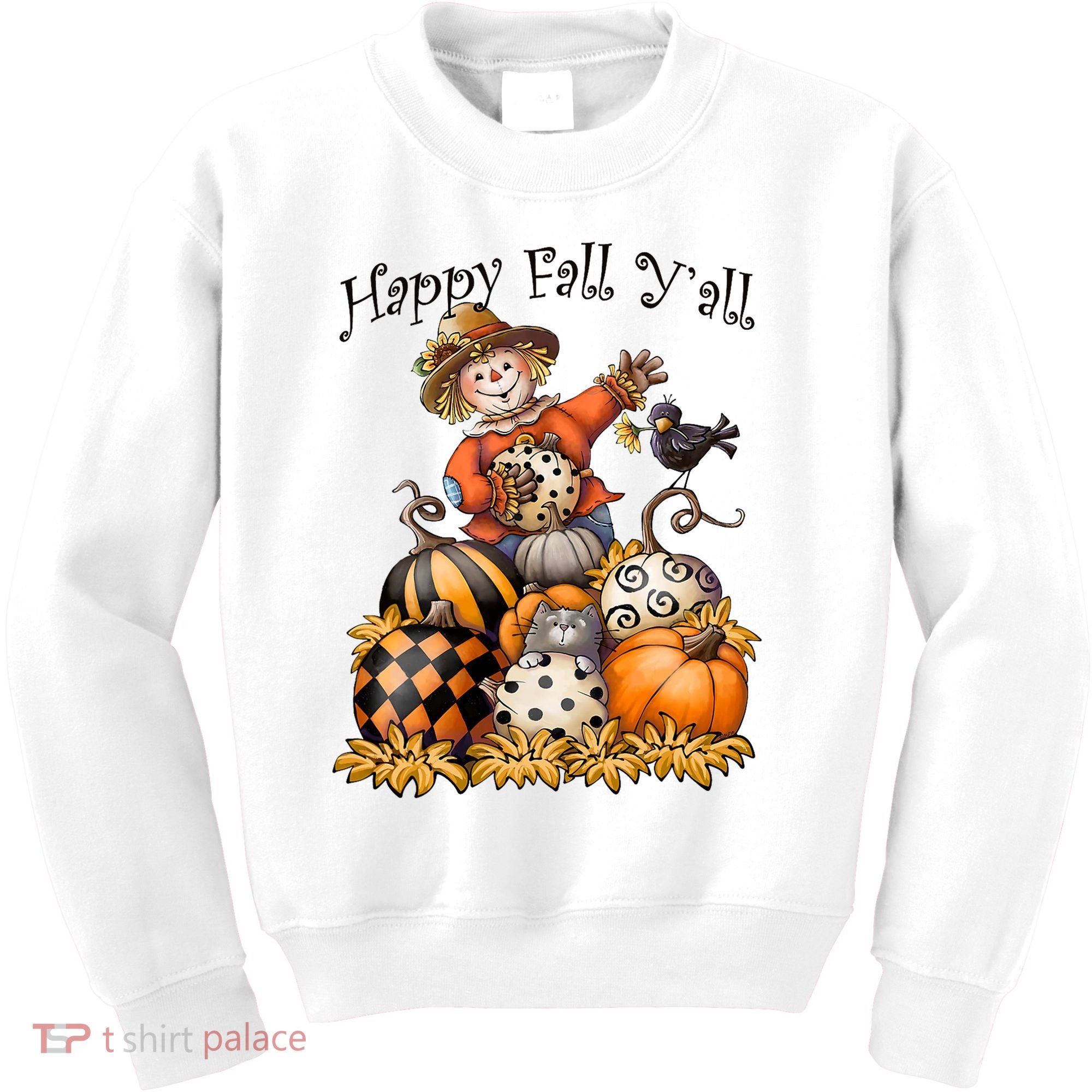 Scarecrow Happy Fall Y'all Pumpkin Thanksgiving Halloween Kids Sweatshirt
