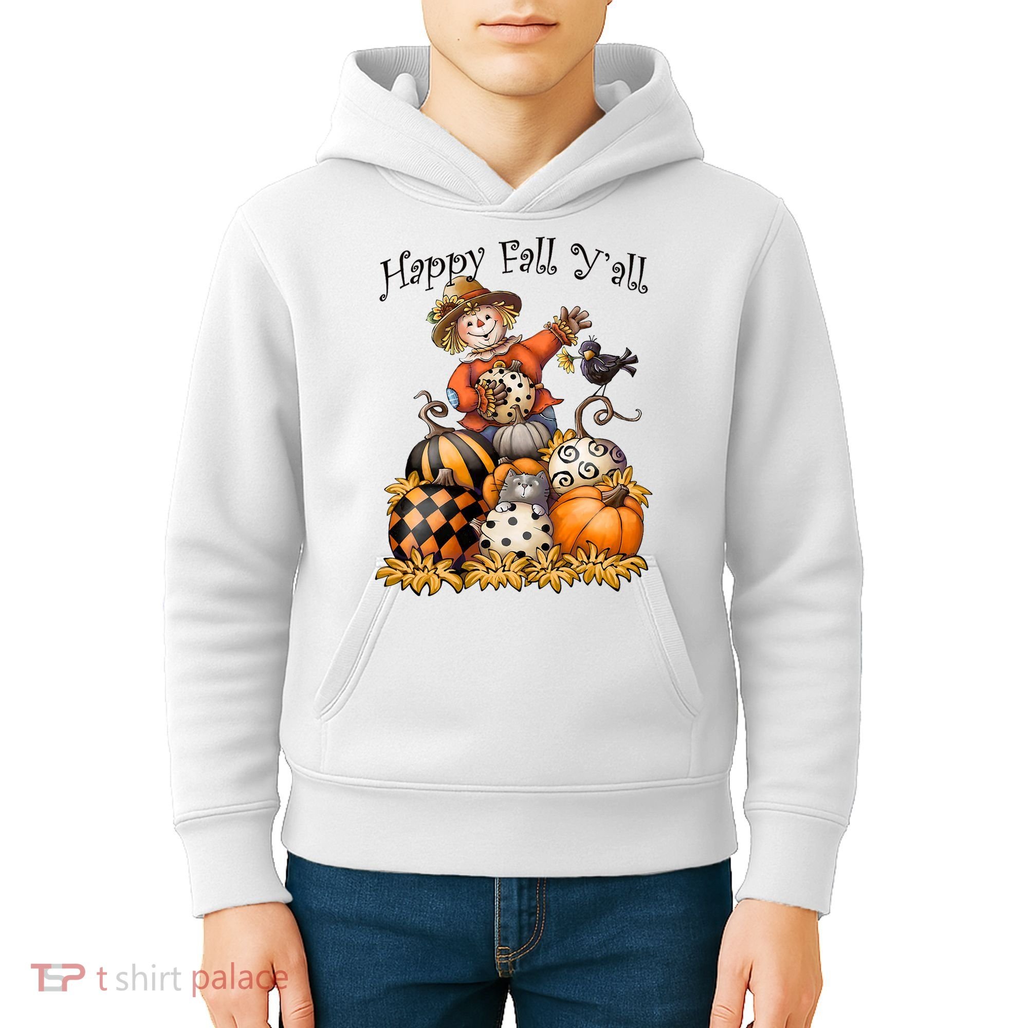 Scarecrow Happy Fall Y'all Pumpkin Thanksgiving Halloween Kids Hoodie