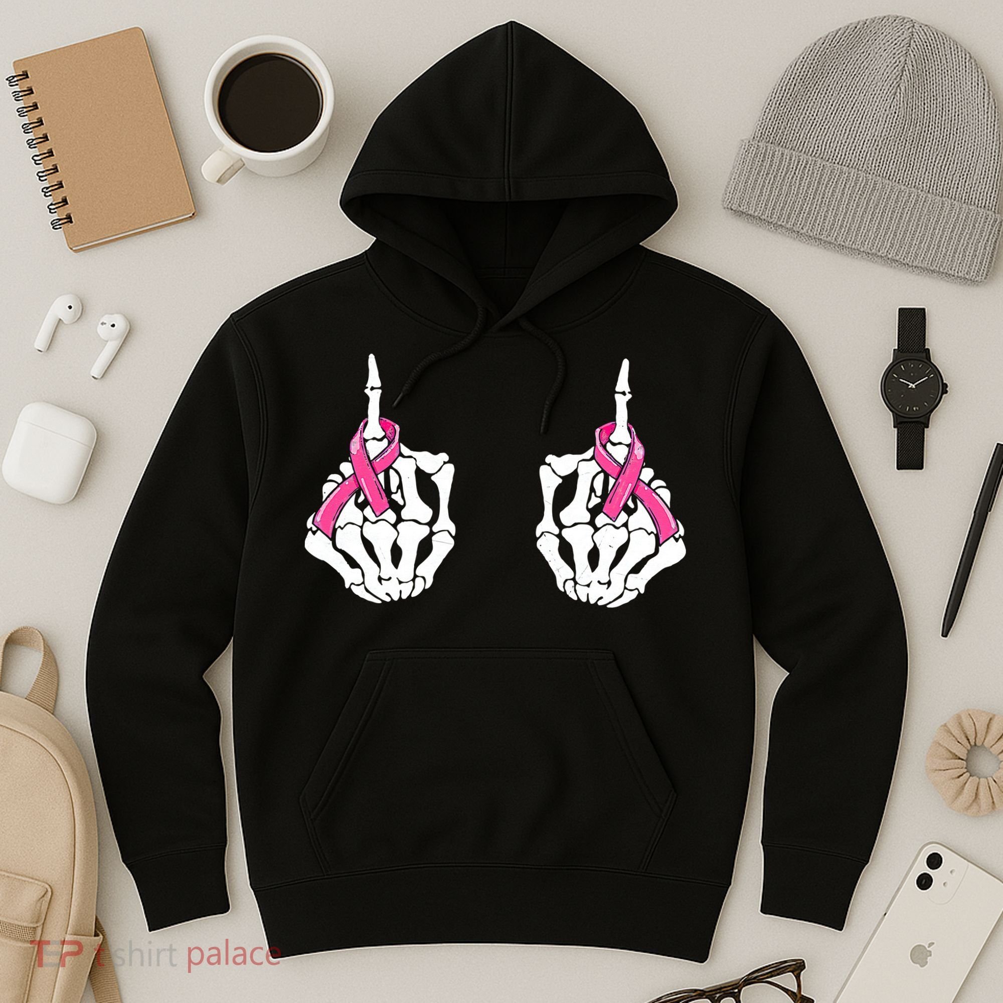 Skeleton Hand Fuck Cancer Pink Funny Breast Cancer Awareness Hoodie
