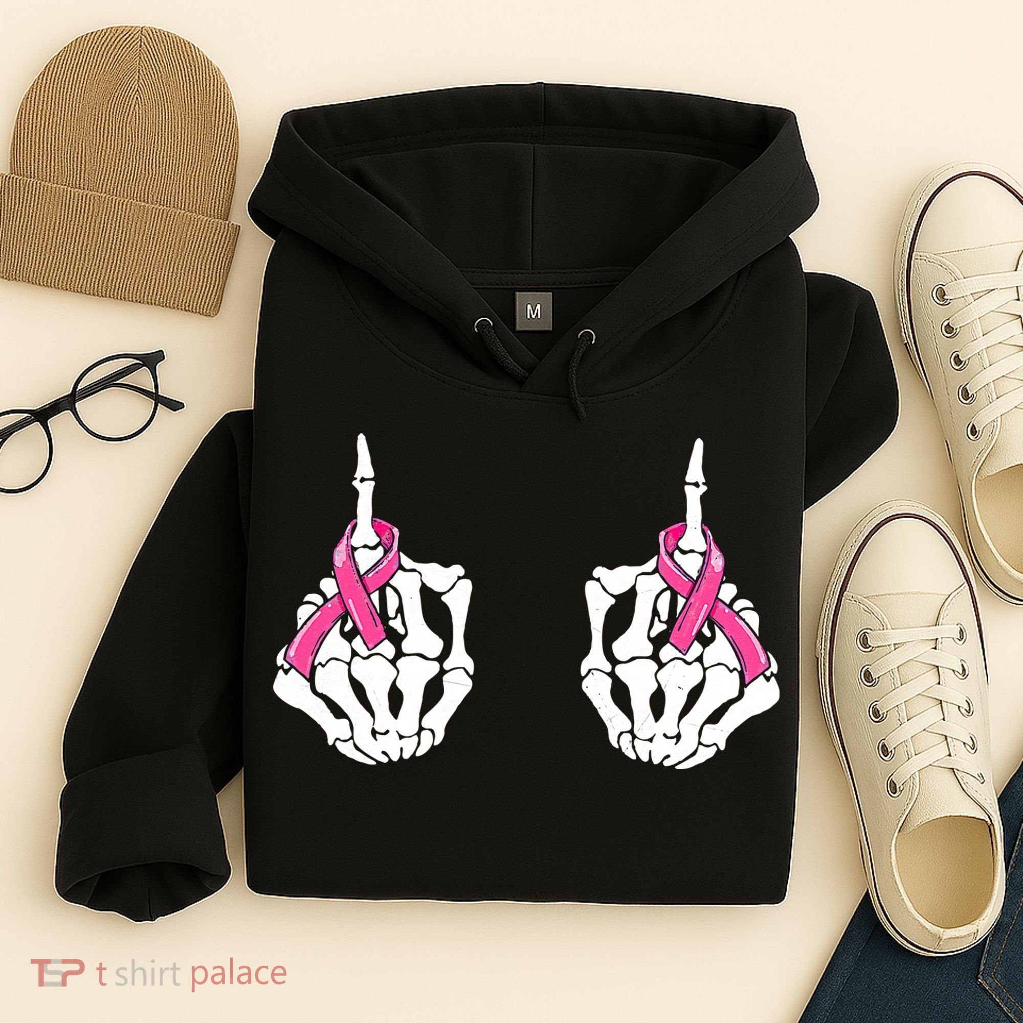 Skeleton Hand Fuck Cancer Pink Funny Breast Cancer Awareness Hoodie